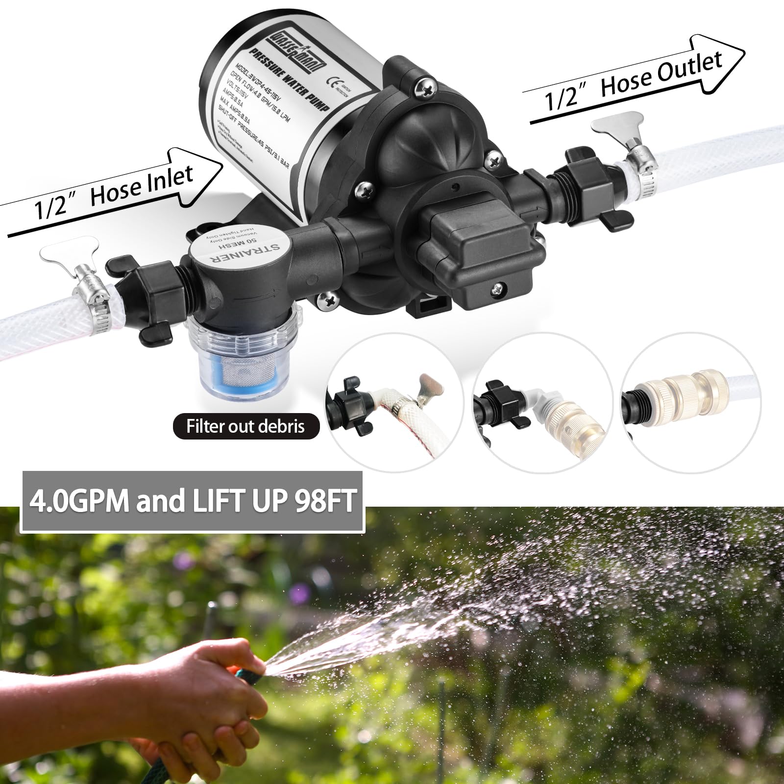 WASSERMANN 3WDP4-45-115V Water Pressure Diaphragm Pump, 4.0 GPM, 45 PSI, Self-Priming, Gray, for