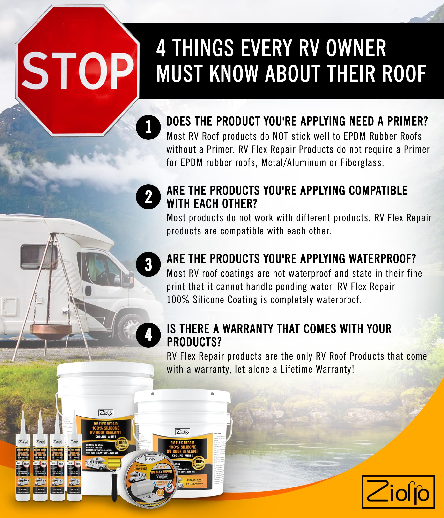 Ziollo RV Flex Repair Silicone Sealant - Waterproofing for RVs, Trailers, Campers - 1 Gallon, Cooling White