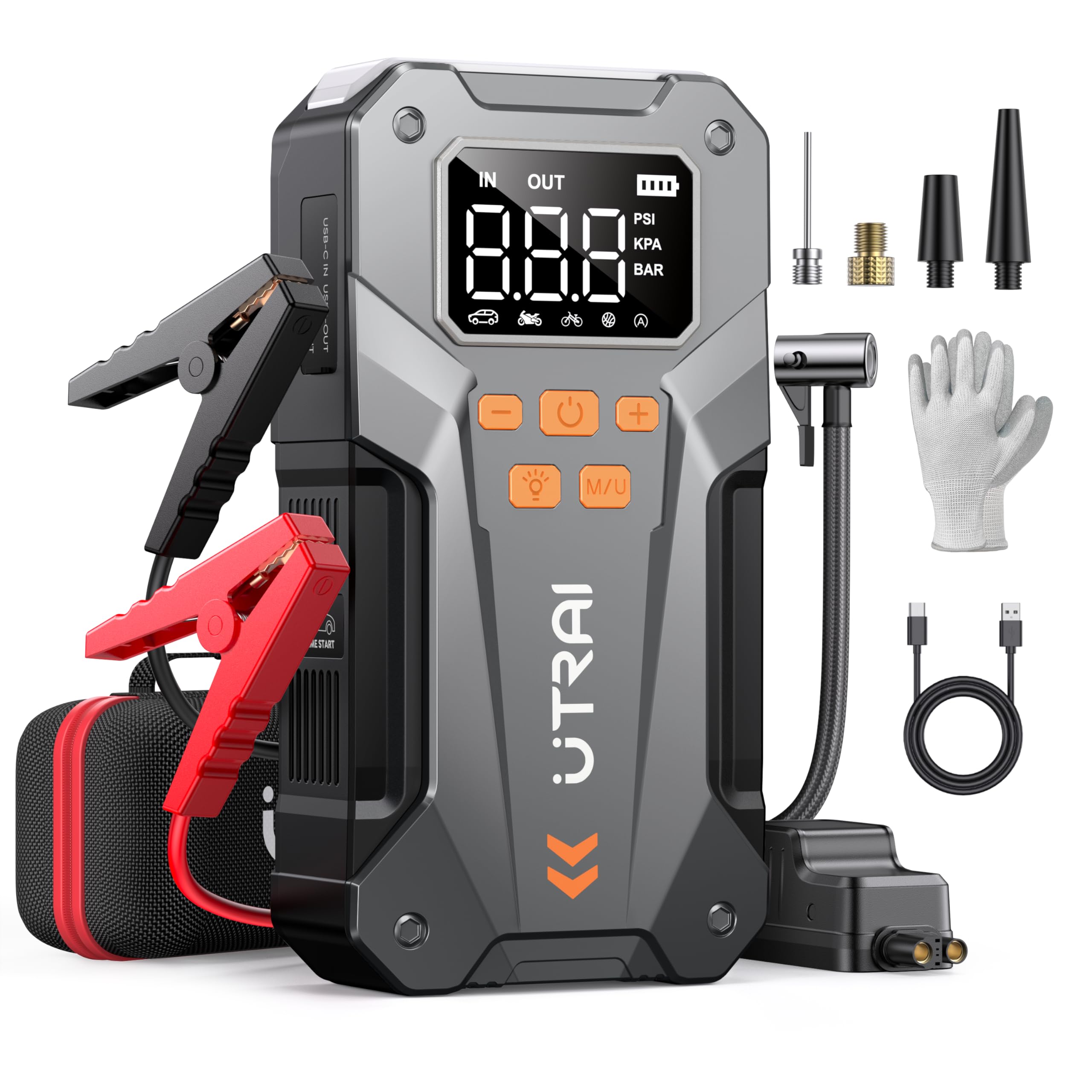UTRAI 5000A 150PSI Jump Starter with Air Compressor, 12V Portable Car Battery Charger for All Gas and 10.0L Diesel Engines, Car 