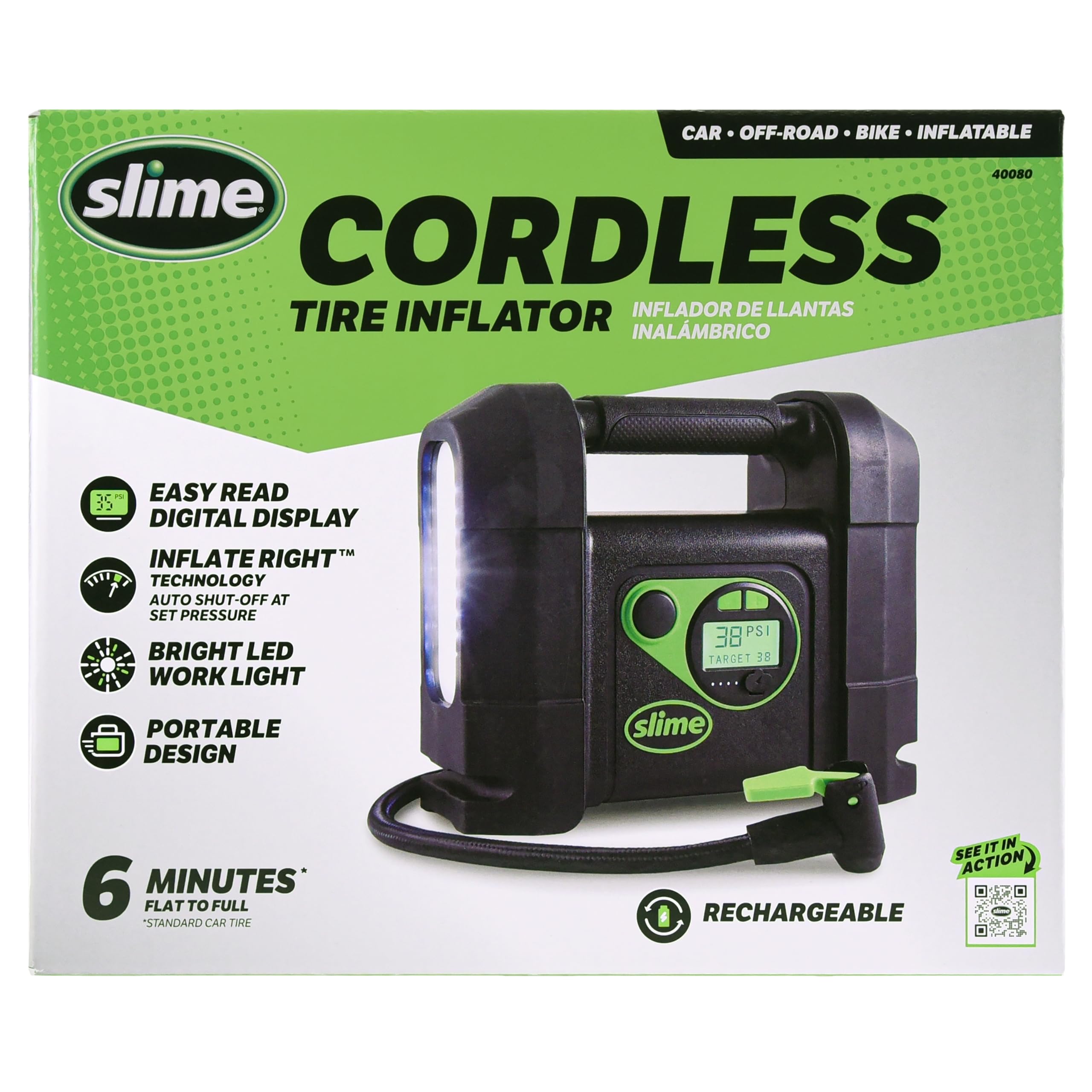 Slime 40080 Cordless Tire Inflator, Rugged Portable Air Compressor Pump with Auto Shut Off, Lithium Ion Battery and LED Light, R