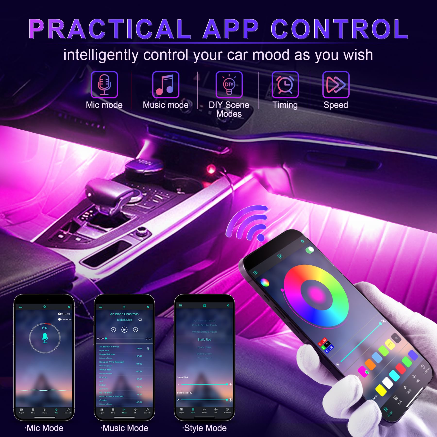 LivTee RGB LED Accent Interior Car Lights with App Control, Music Mode, 2 Lines Design, Plastic, Atmosphere Lights