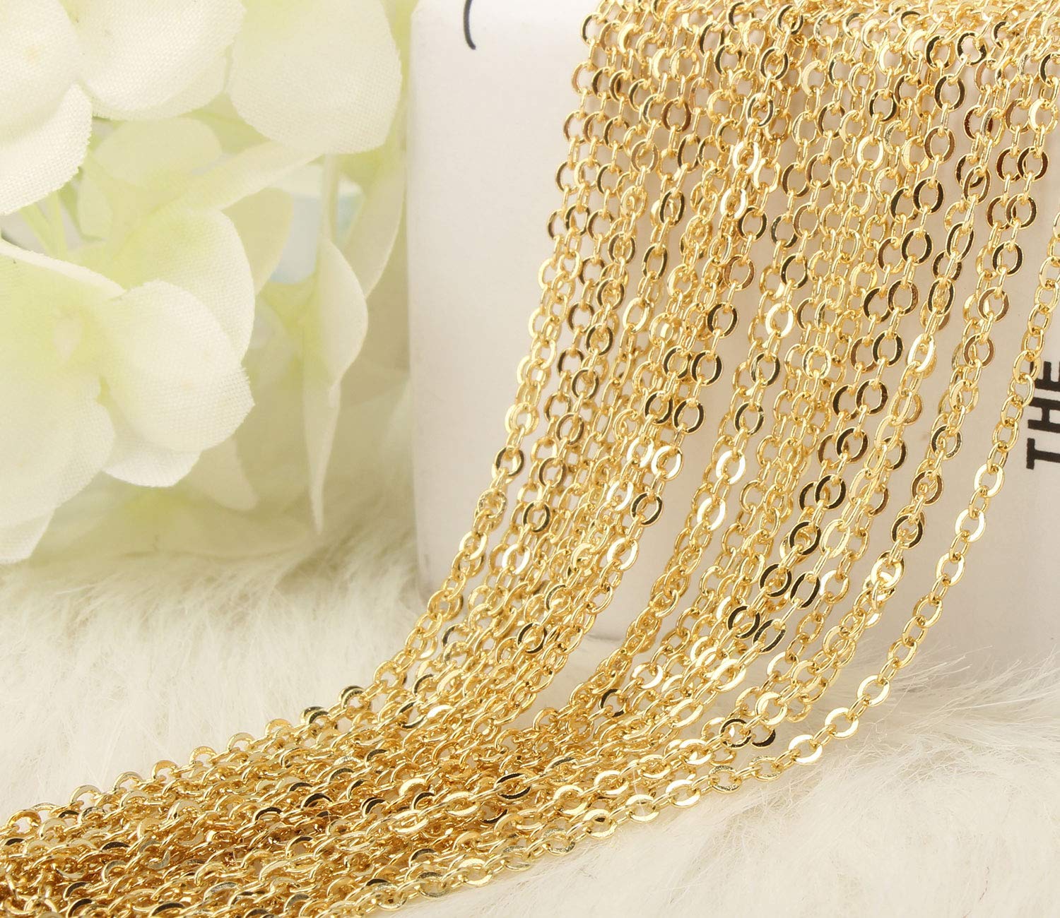 Wholesale 12 Pcs Gold Plated Brass Flat Cable Chain Finished Necklace Chains Bulk For Jewelry Making (18 Inch(15Mm))