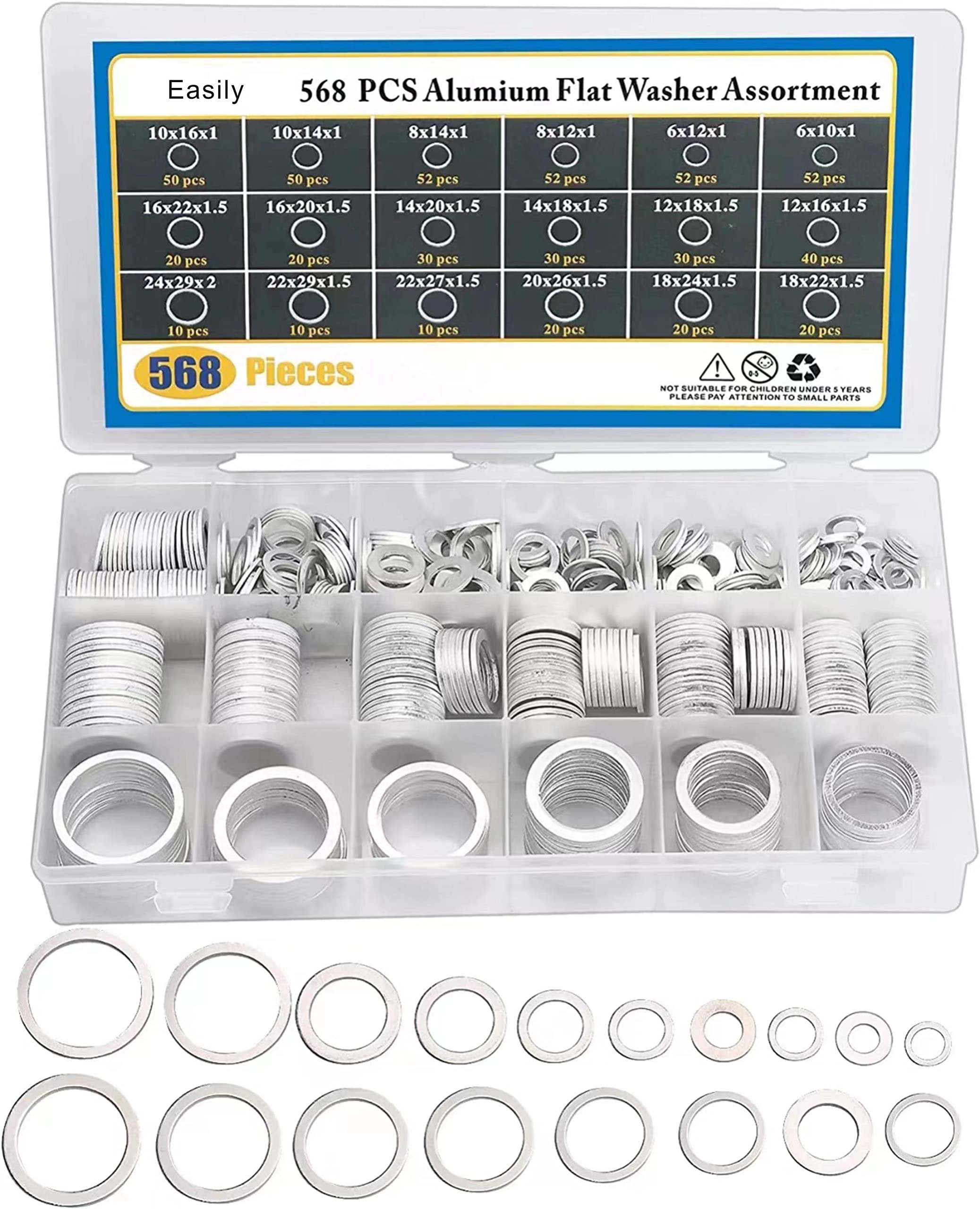 Crush Washer Oil Drain Plug - 568 Pieces 18 Sizes Aluminum Automotive Engine Oil Pan Drain Plug Gasket Assortment Kit (M6 M8 M10