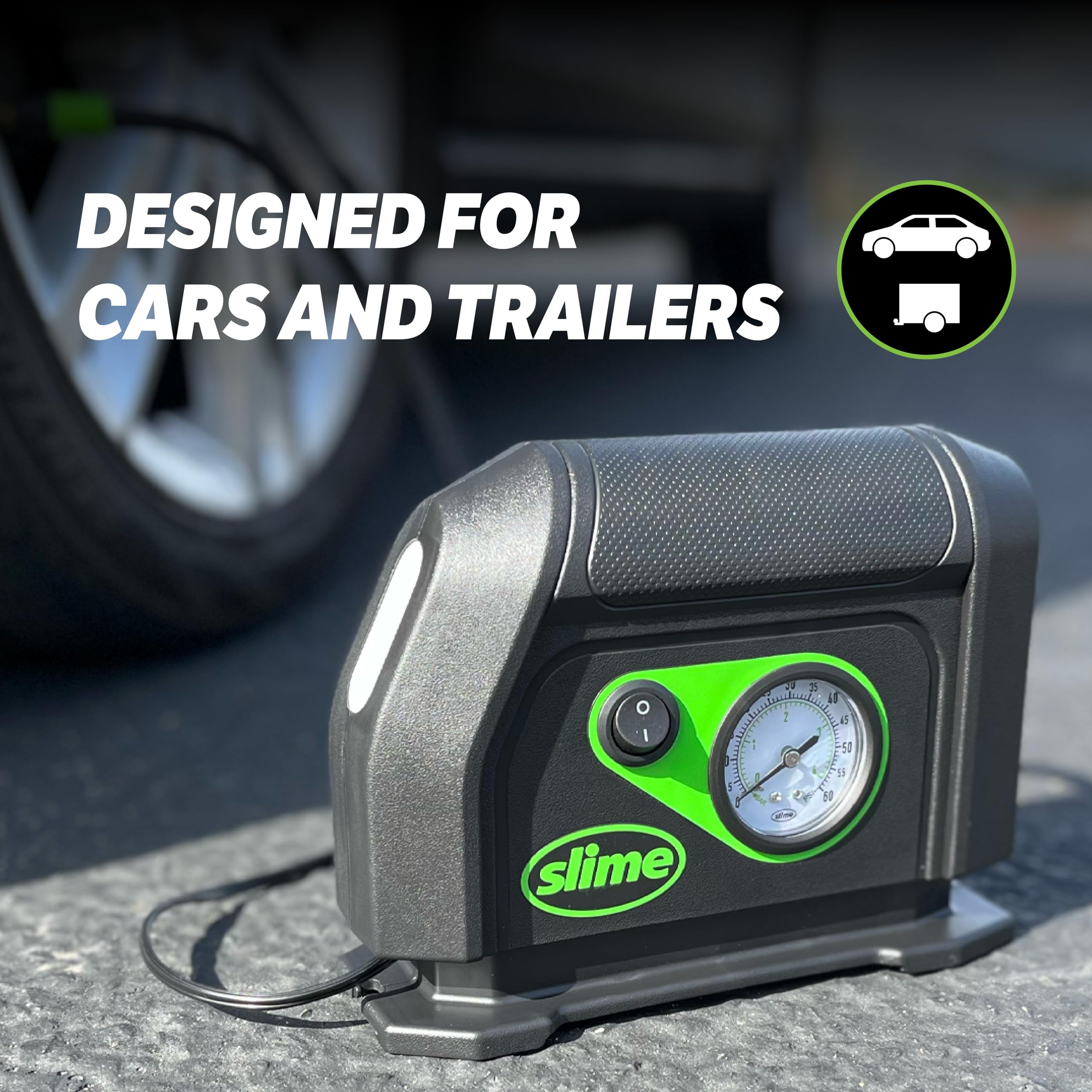 Slime 40050 Portable Tire Inflator, 12V Air Compressor with Analog Gauge, LED Light, Black