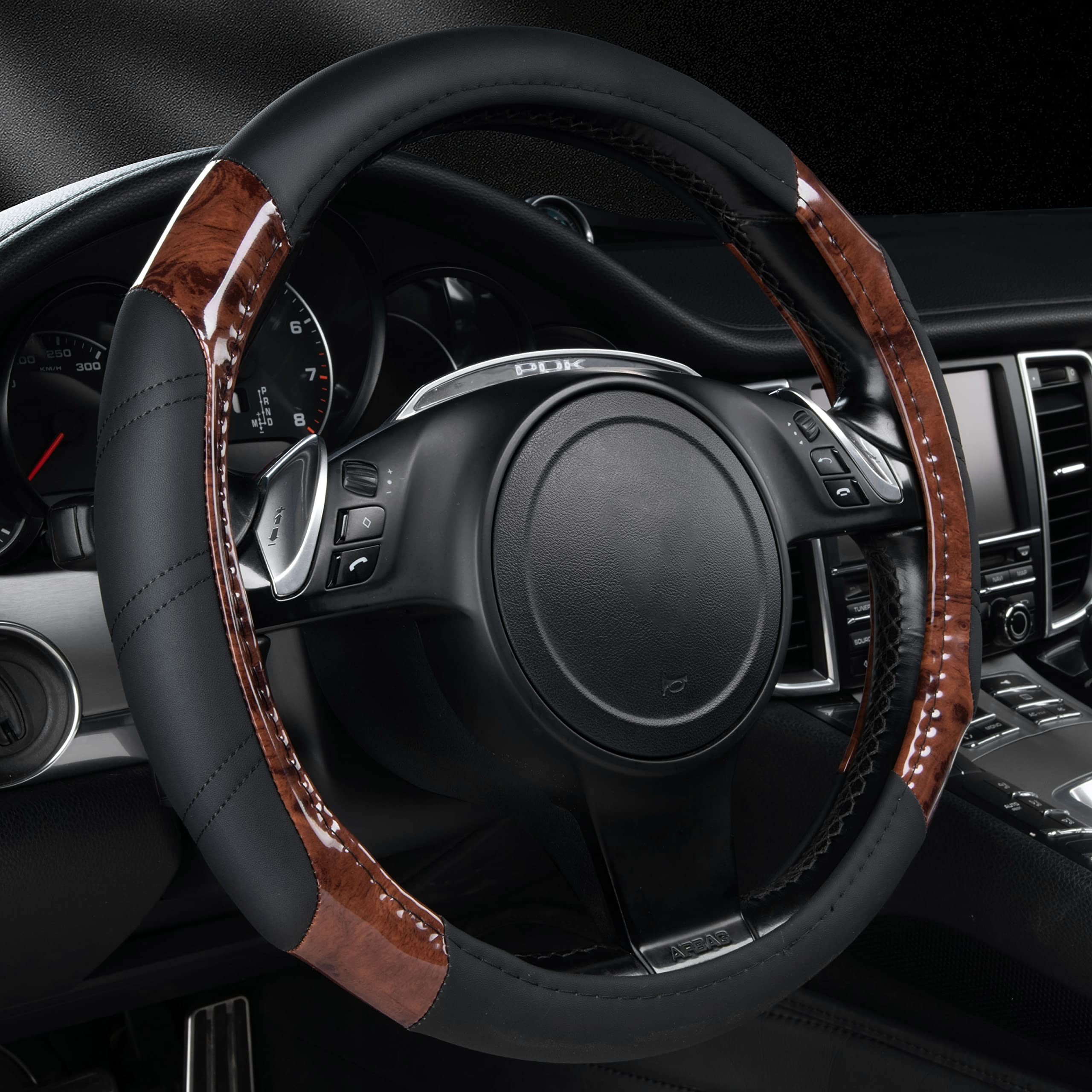 Car Pass Wood Grain Microfiber Leather Sporty 14.5-15 Inch Steering Wheel Cover Universal Fits For 95% Truck,Suv,Cars, Anti-Slip