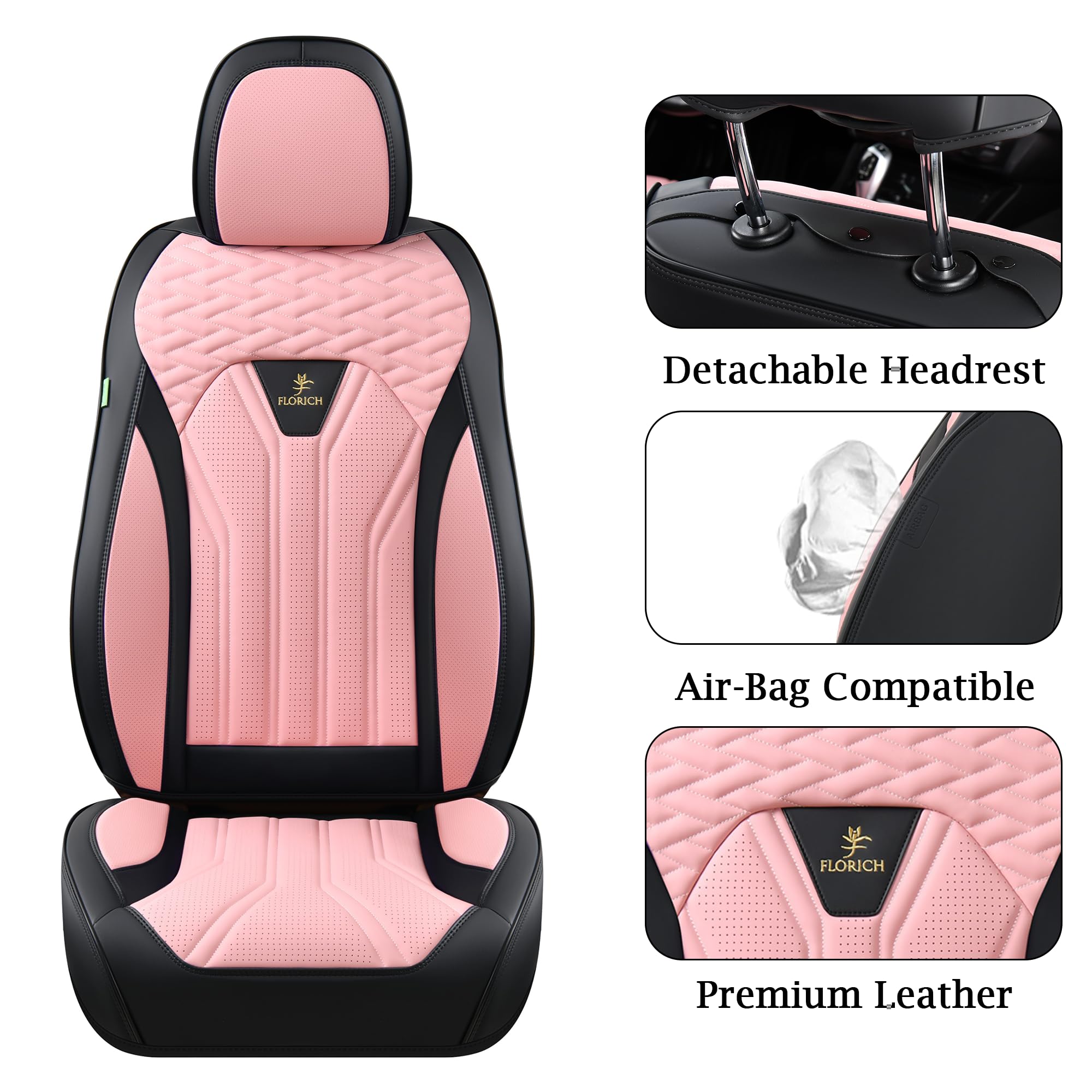 FLORICH Leather Front Seat Covers 2 Pack, Waterproof Black & Pink, Universal Fit for Cars, Trucks, SUVs - KWZ-204 Series
