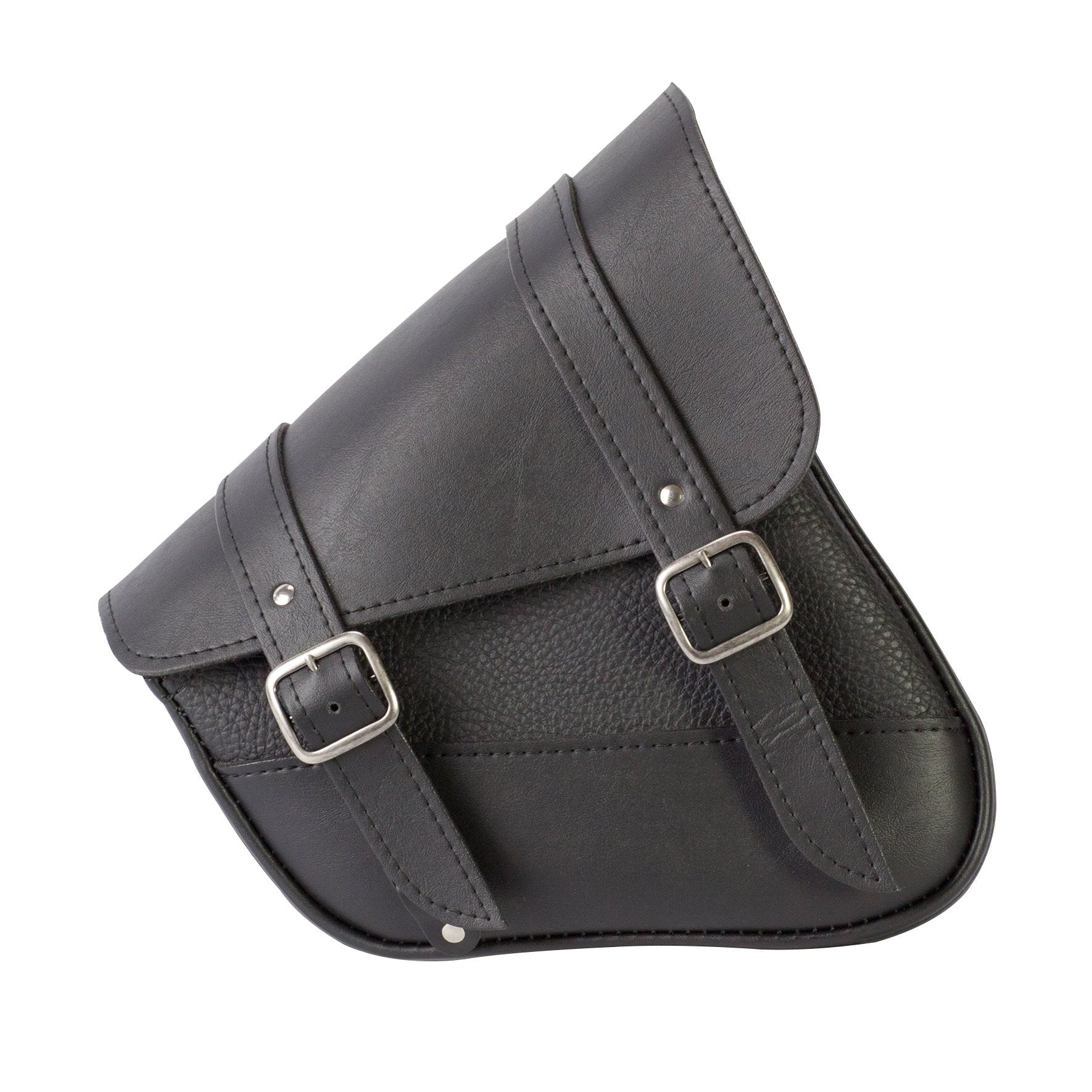 Willie & Max Black Synthetic Leather Motorcycle Swingarm Bag for Sportsters/Dual Shock Models - Nickel Buckle - Made in USA [597