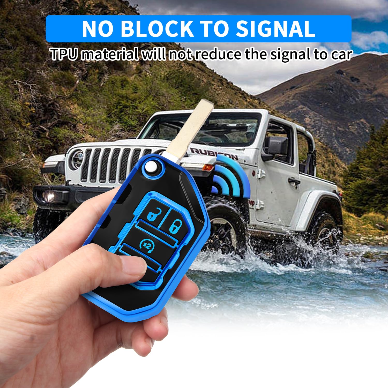 QBUC Jeep Key Fob Cover with Keychain - Compatible with Wrangler JLU JL Gladiator Rubicon JT, One Size, Blue