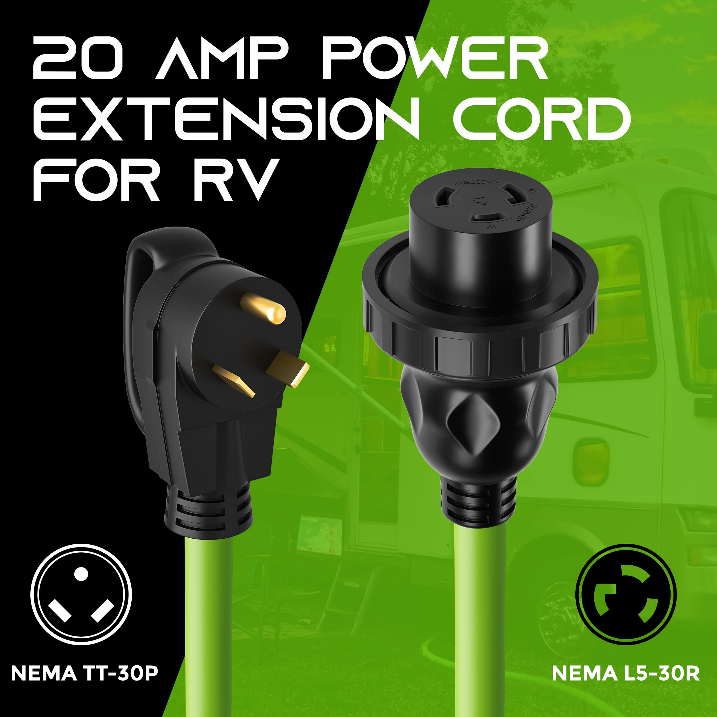 Gearit 20-Amp Rv Power Extension Cord,125-Volt, 3-Prong, Nema Tt-30P To L5-30R, Twist Locking Adapter, 10/3 Stw 10Awg Gauge 3C,