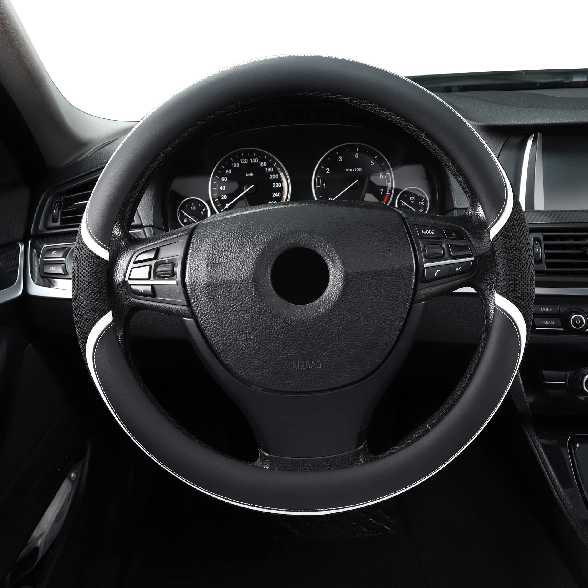 Microfiber Leather 16'' Universal Fit Car Steering Wheel Cover, Elastic Nonslip Breathable And Odorless, Black & White Grip