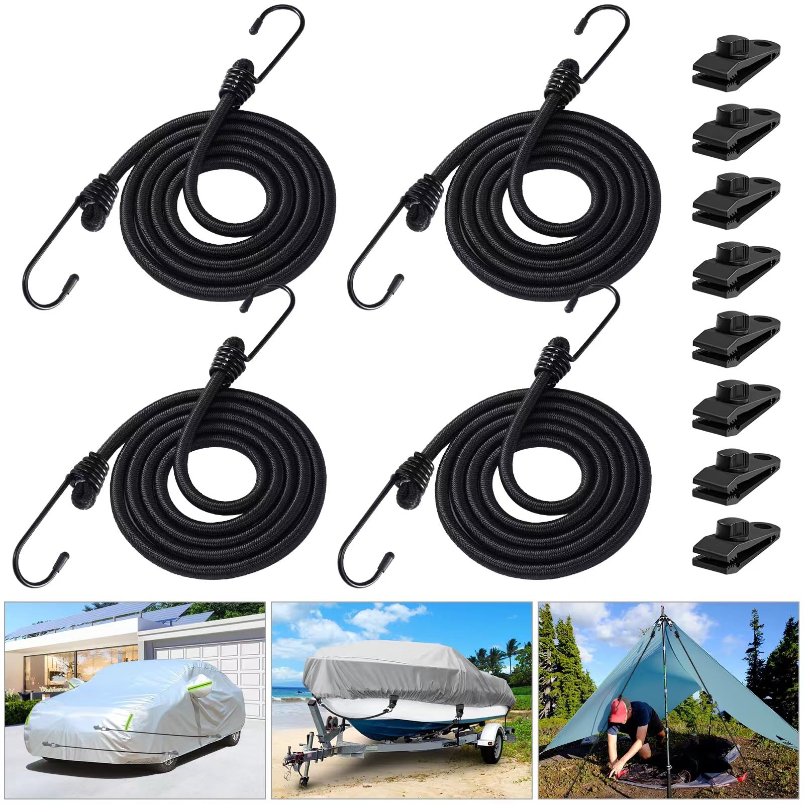 4PCS 50 Inch Car Cover Gust Straps Wind Protector, Heavy Duty Outdoor Bungee Cords Hook Clips Kit for Securing Cargo, Luggage, C