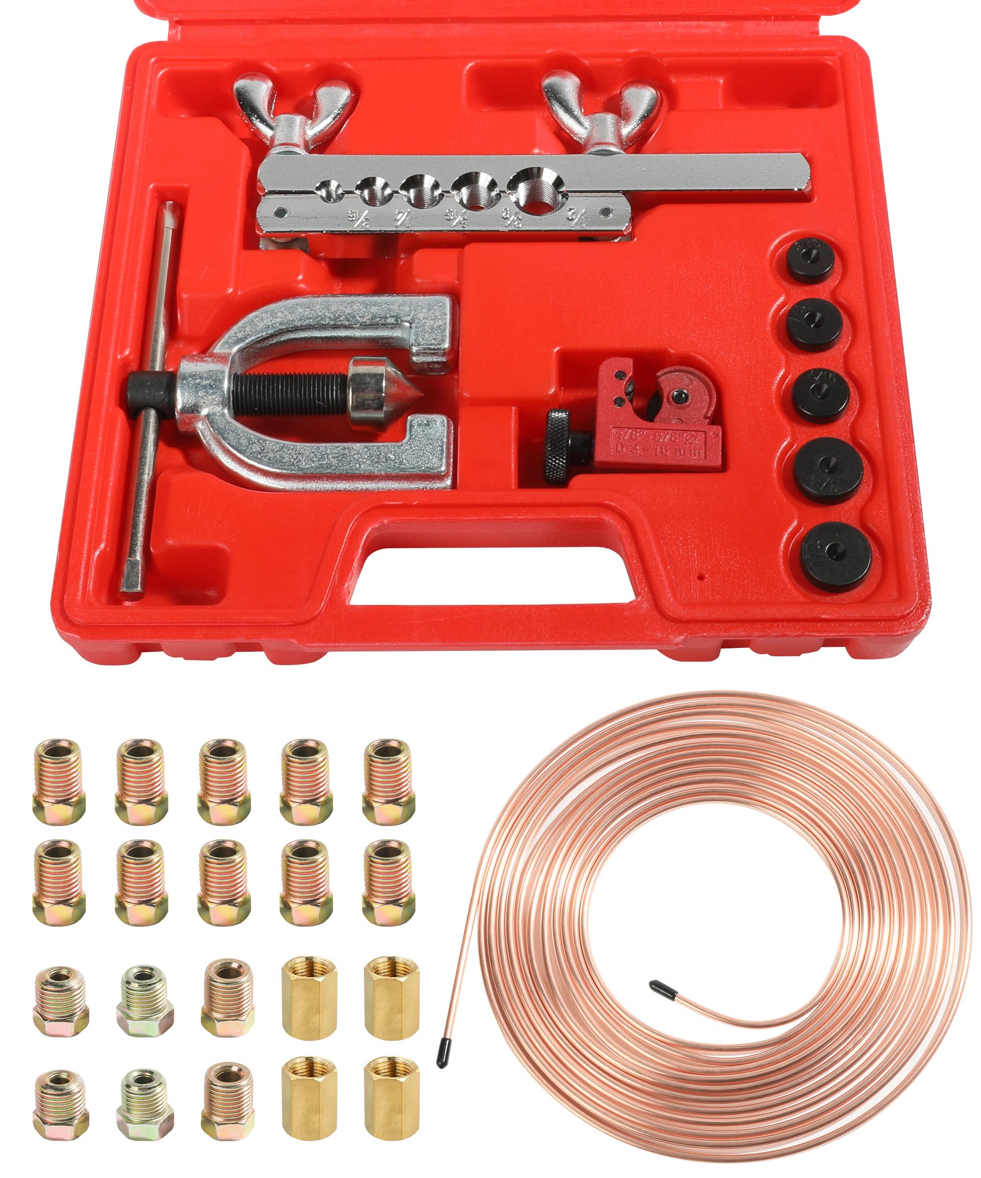 YAKEFLY 25 ft 3/16 Copper Coated Brake Line Kit with 16 Fittings and 4 Unions Brake Line Fittings,Brake Line Double & Single Fla