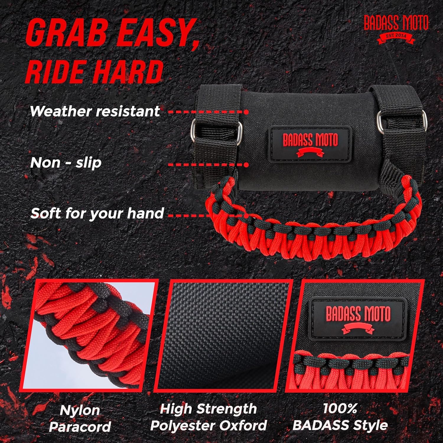 Badass Moto UTV Grab Handle - Durable Red Paracord, Stainless Steel, 2 Pack, Model ATVGH-PC