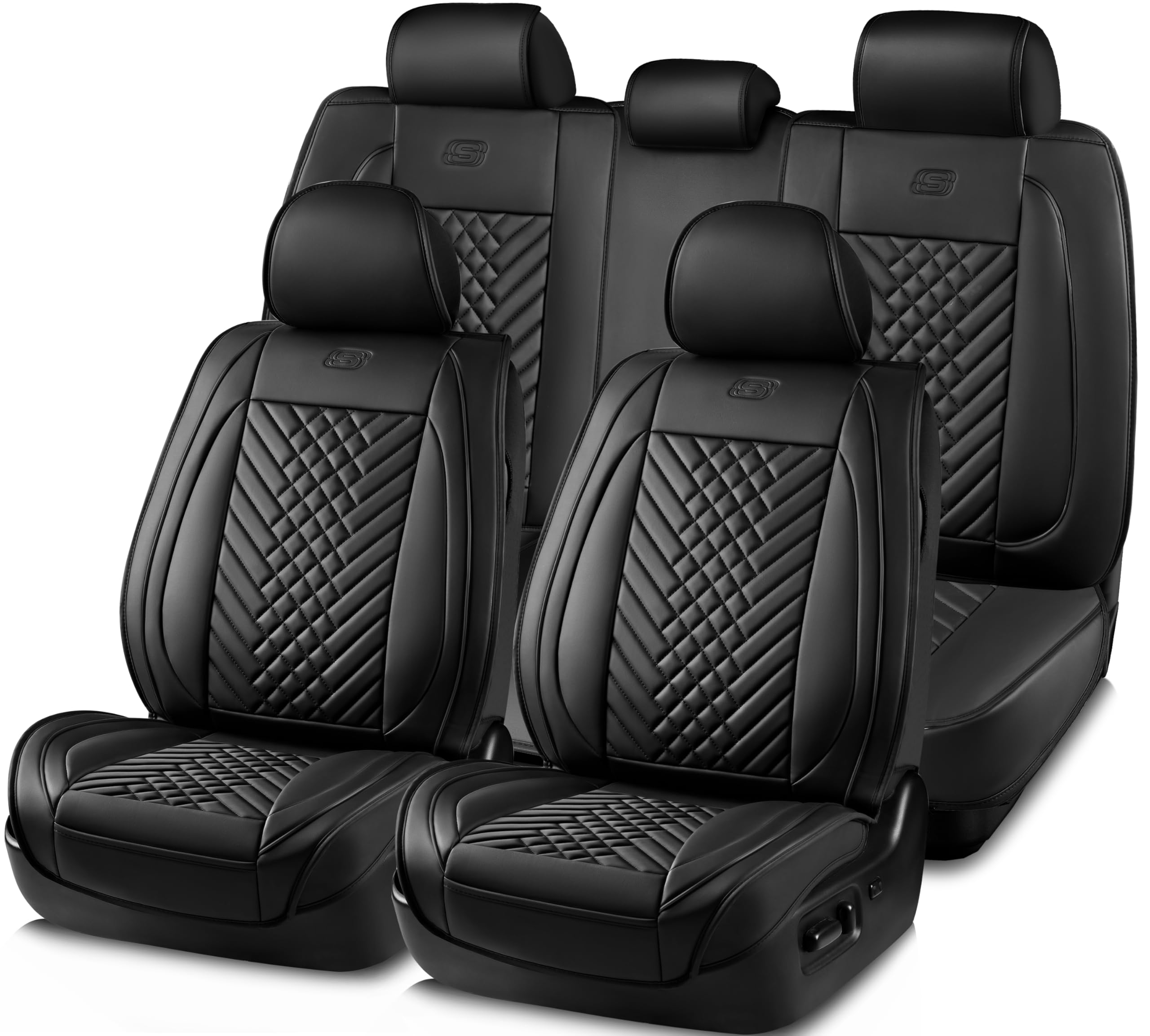 Skechers Car Seat Covers,MAX Cushioning Memory Foam Piping Leather Seat Covers,Waterproof Car Seat Protector Full Set,Car Seat C