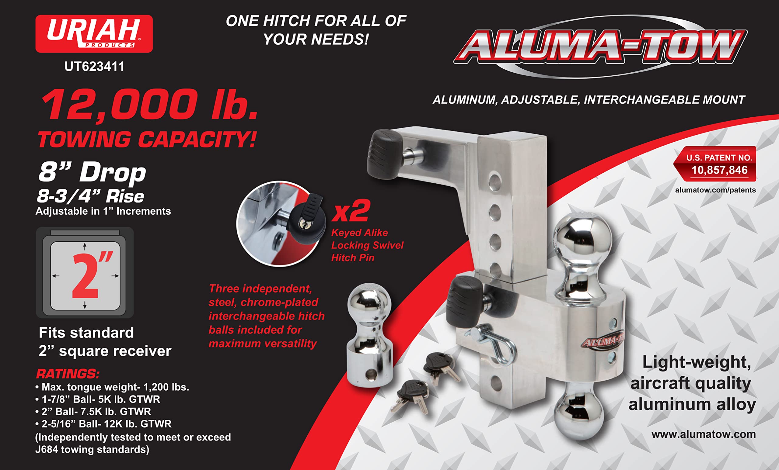Uriah Products 8 Inch Drop Adjustable Aluminum Alloy Hitch Towing Mount For Tow Truck, Car, And Trailer With With Interchangeable Steel Hitch Balls