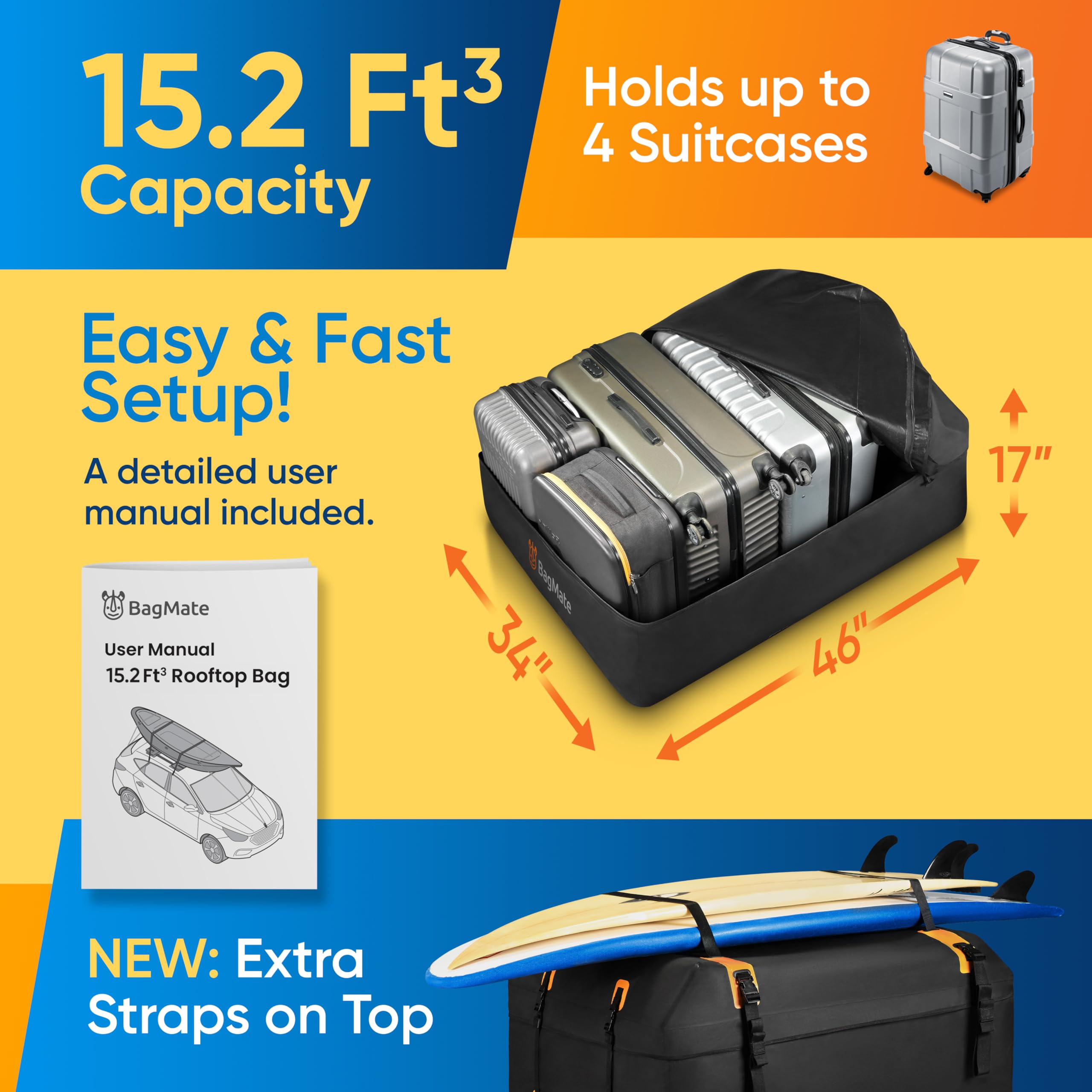 BAGMATE Waterproof Car Roof Bag - 15 Cu. Ft Cargo Carrier with Anti-Slip Mat & Hooks, Model RBM-CRB-430