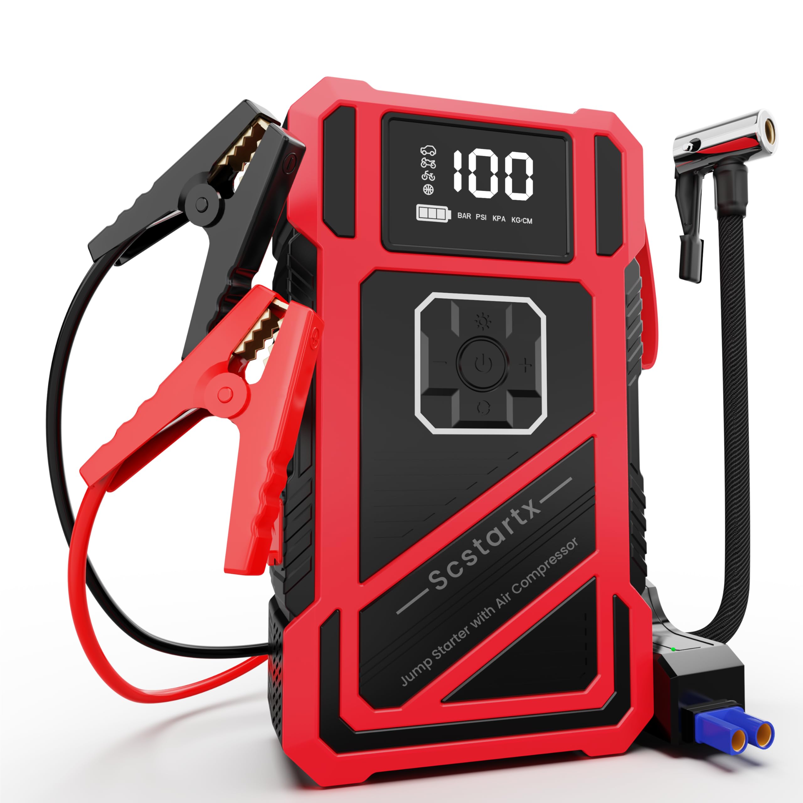 Scstartx 3000A Peak Car Jump Starter with 150PSI Air Compressor - Smart Jump Cable, LED Flashlight & USB Charger, 12V Emergency 