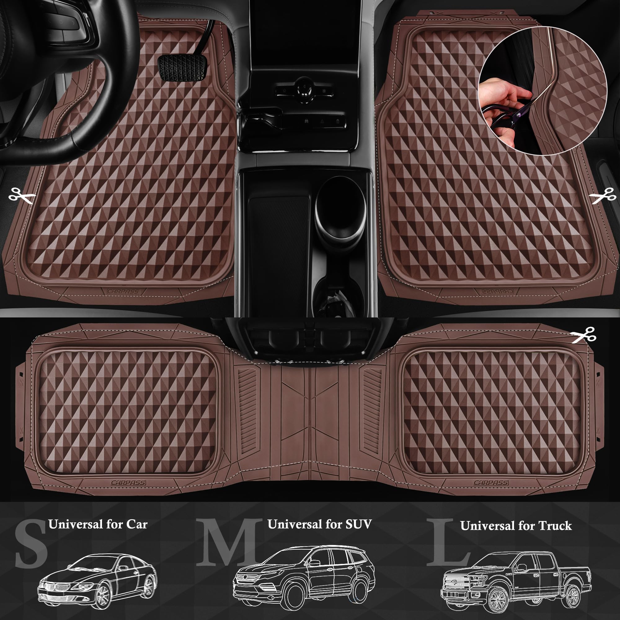 CAR PASS Heavy Duty Rubber Car Mats, 3-Piece Set, All-Weather, Anti-Slip, Brown, Universal Fit for Sedan, SUV, Truck, Model JD777