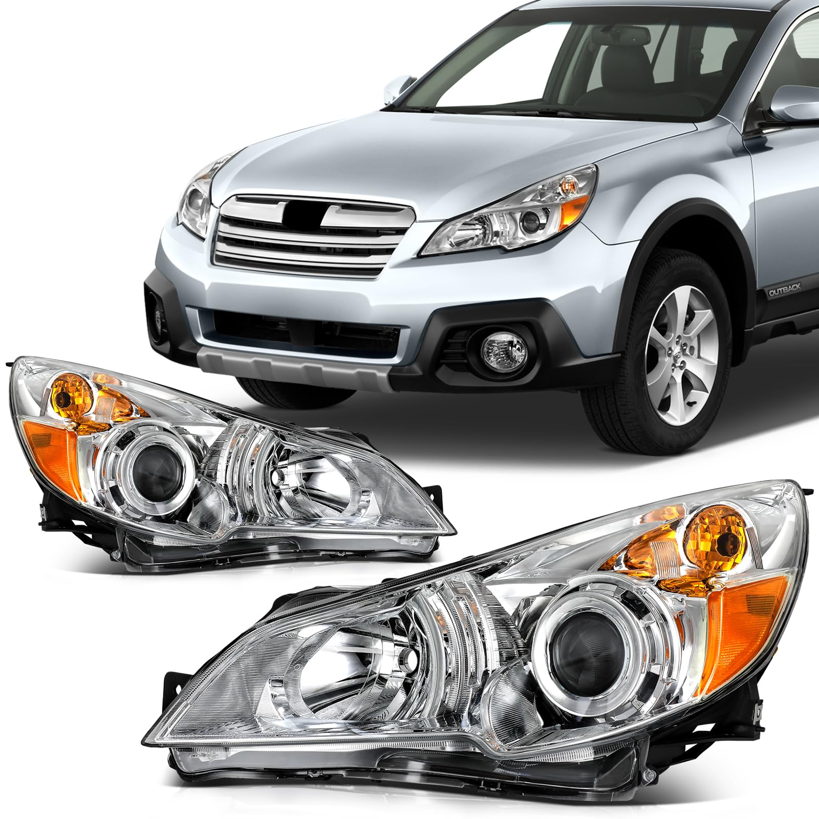 SCITOO Headlight Assembly Fits 2010-2014 for Subaru Legacy 2010-2014 for Subaru Outback Headlamps Clear Lens Chrome Housing Ambe