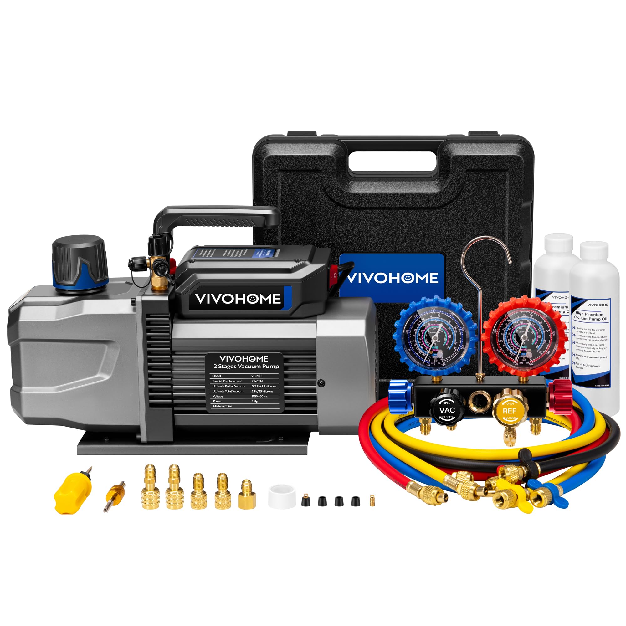 VIVOHOME A2L AC Vacuum Pump and 4 Way Manifold Gauge Set, 1 HP 9.6CFM 2 Stage HVAC Vacuum Pump Kit with 5ft Hoses, Sparkless Mot