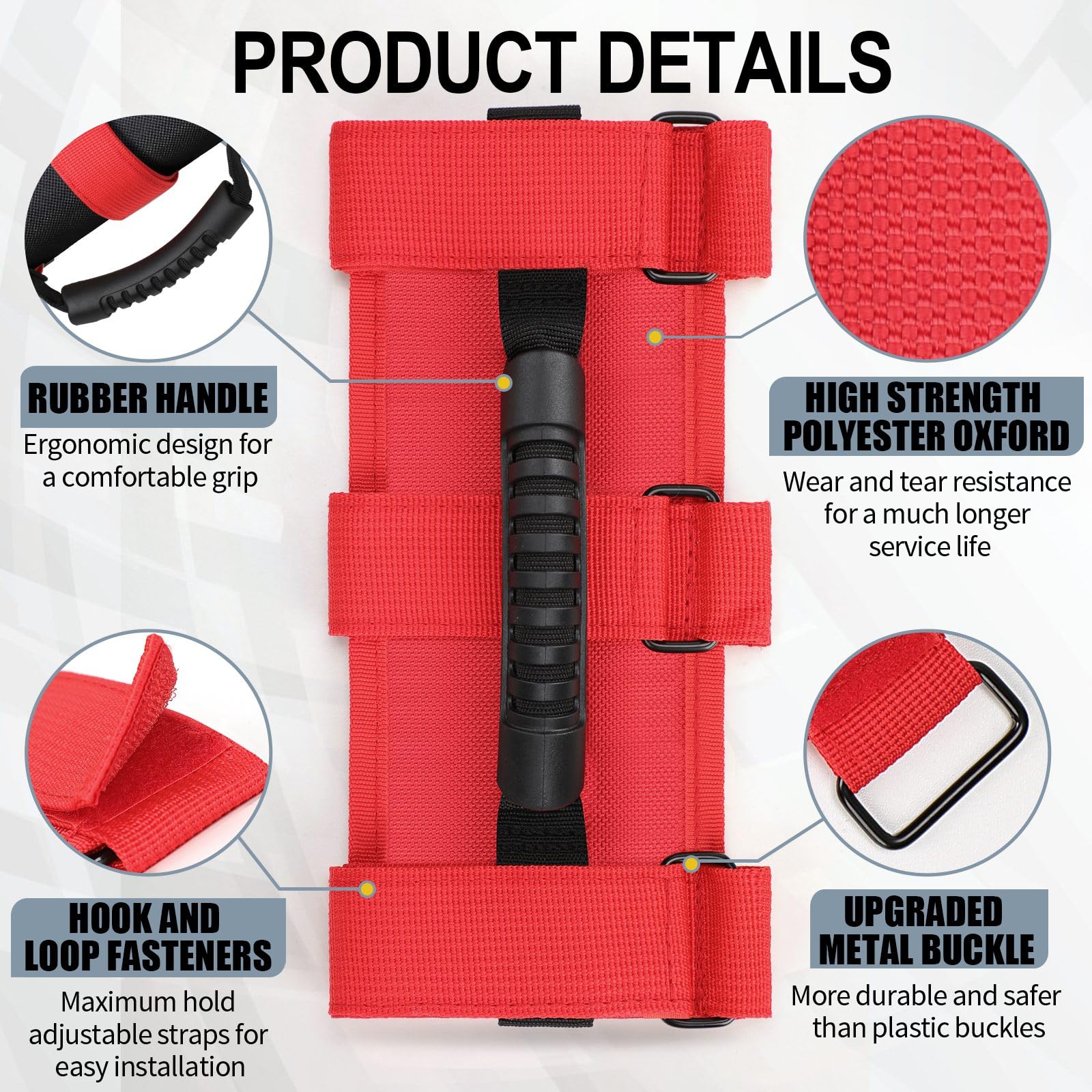 Moveland Grab Handles Compatible With Jeep Wrangler Roll Bars (2 Pack), Easy-To-Fit 3 Straps Design For 1955-2023 Models (Red)