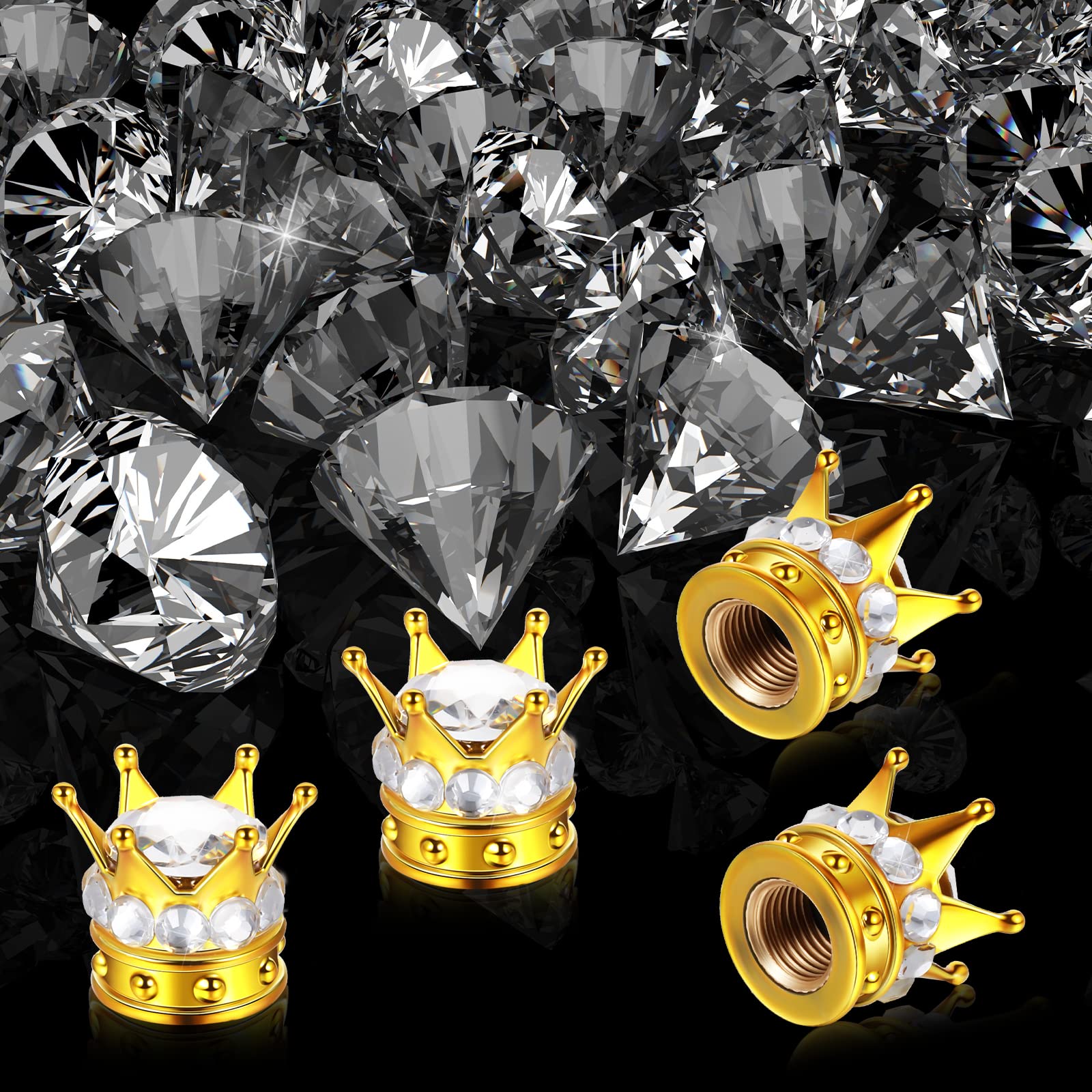 4 Pieces Crown Tire Valve Stem Caps Bling Handmade Crystal Rhinestone Universal Chrome Crown Vehicle Car Tire Caps Covers, Attra