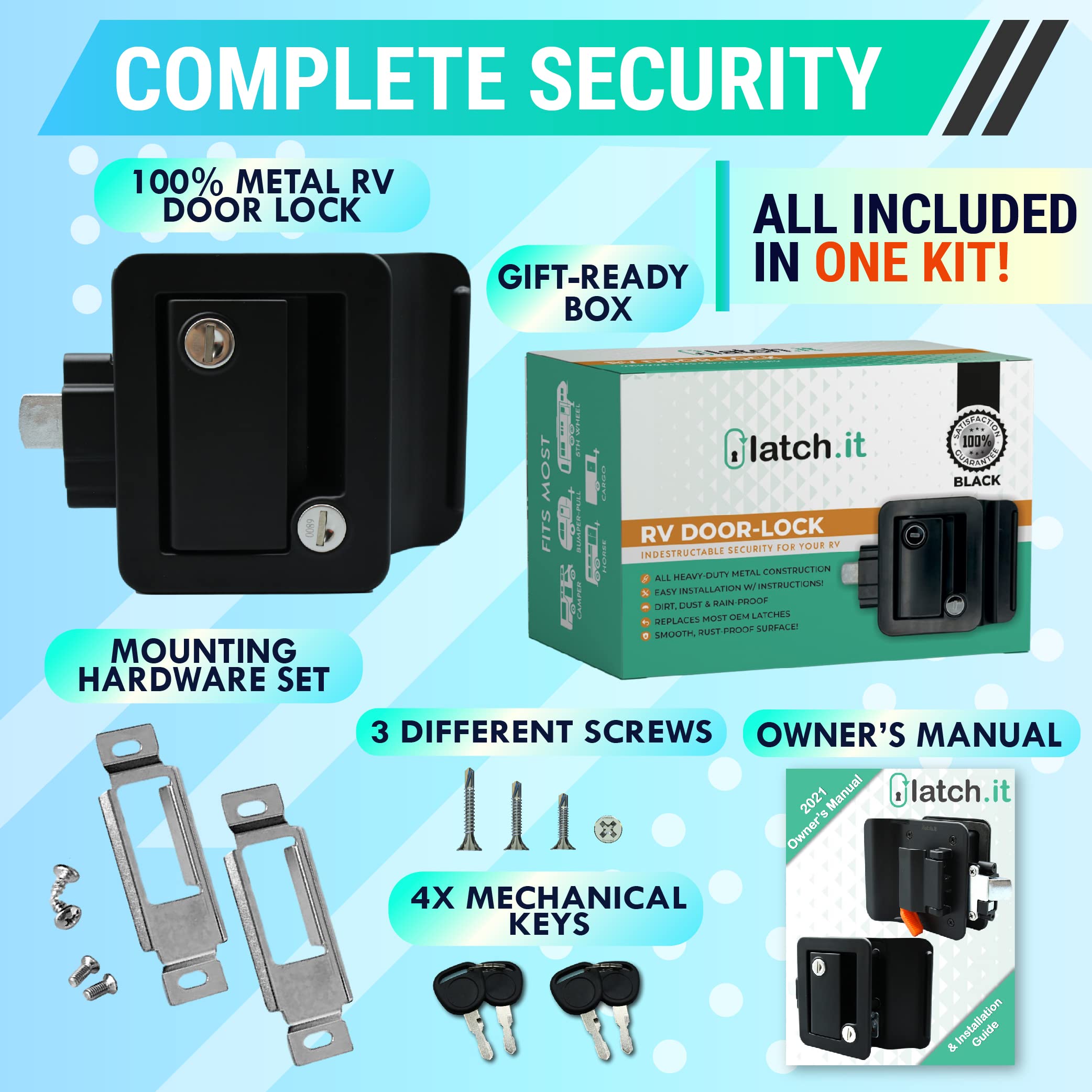 LATCH.IT Black RV Door Latch - 2 Keyed Alike Metal Locks for Travel Trailers, Easy to Install, Includes 4 Keys