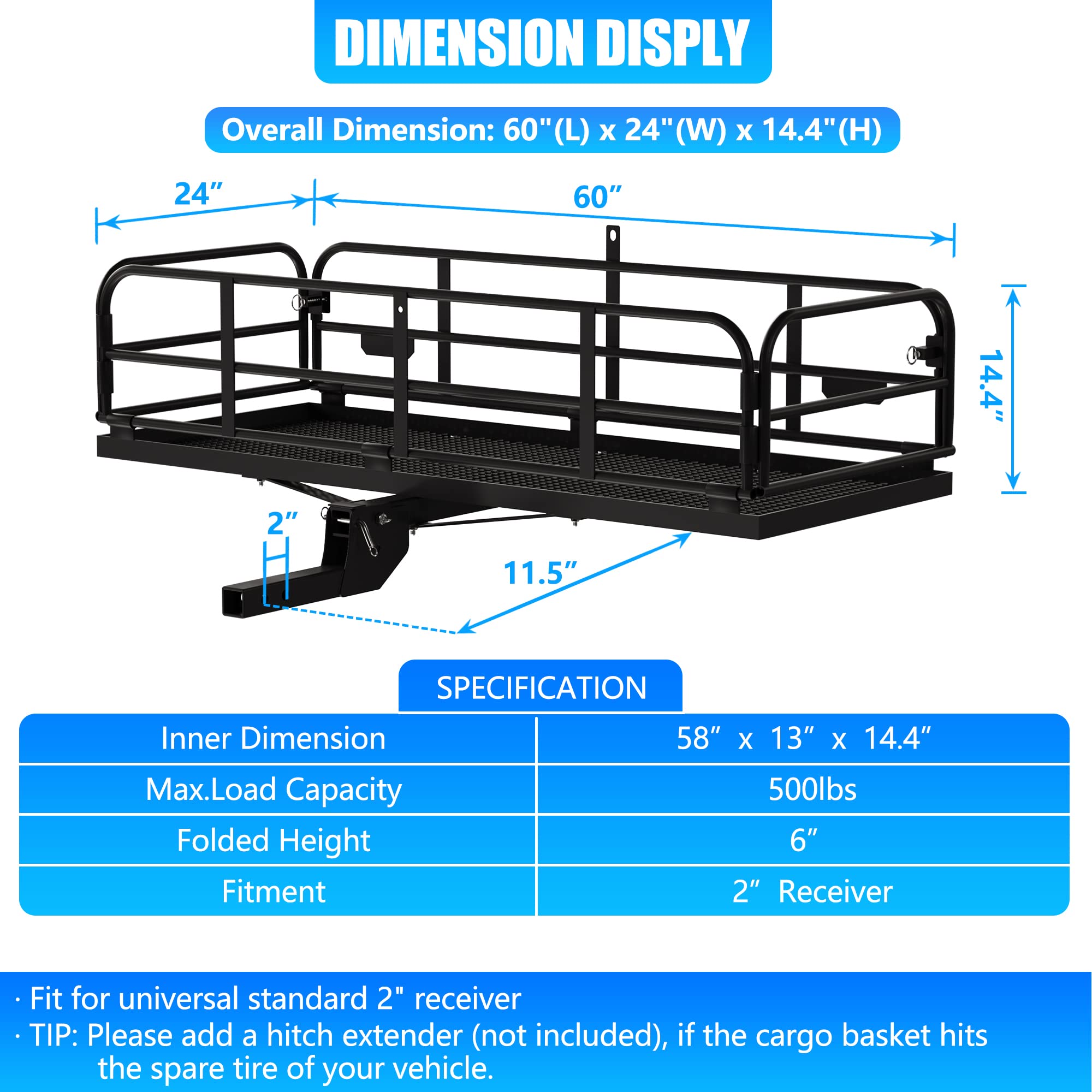 Kairay 500 Lbs Heavy Duty Hitch Mount Cargo Carrier 60''X24''X14.4'' Folding Rear Luggage Rack Basket Fits 2'' Receiver For Car