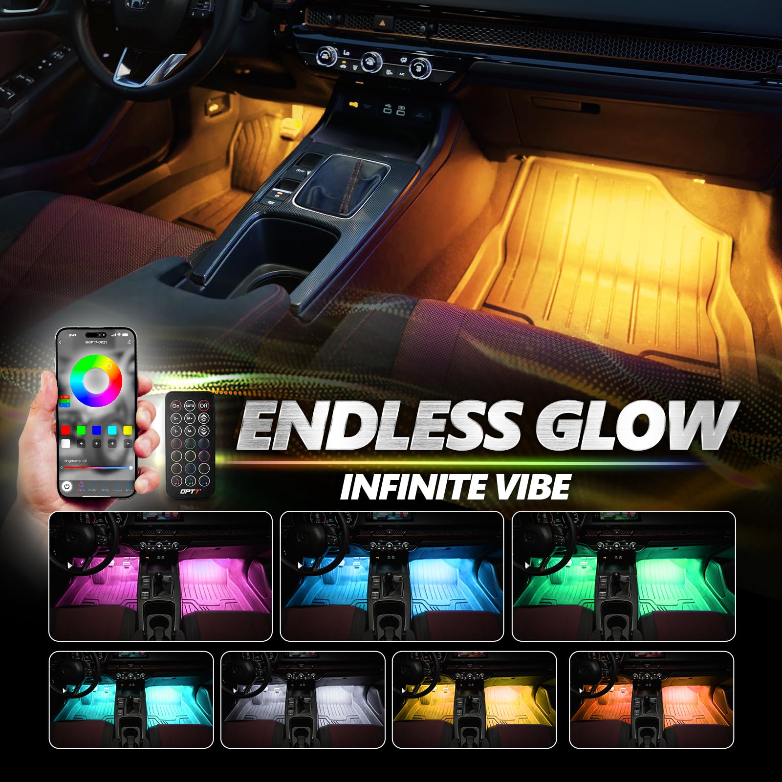 Opt7 Aura Pro 6Pc Double Led Interior Strip Lights With App & Remote Control, Multicolor Mode, Sound Active Inside Ambient Light