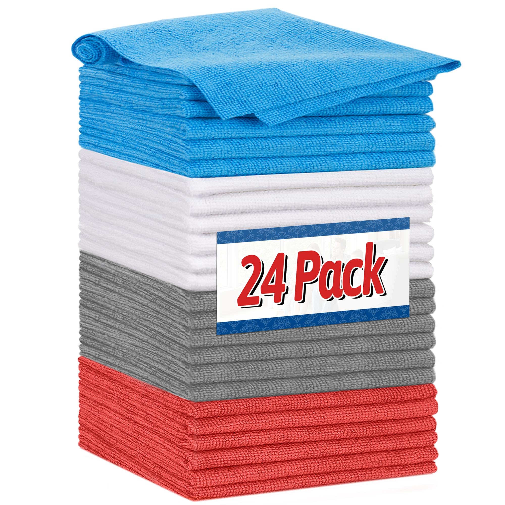 Fixsmith Shop Towels, Microfiber Cleaning Cloth Bulk, 24 Pack Microfiber Towels For Cars, All-Purpose Absorbent Cleaning Rags, D