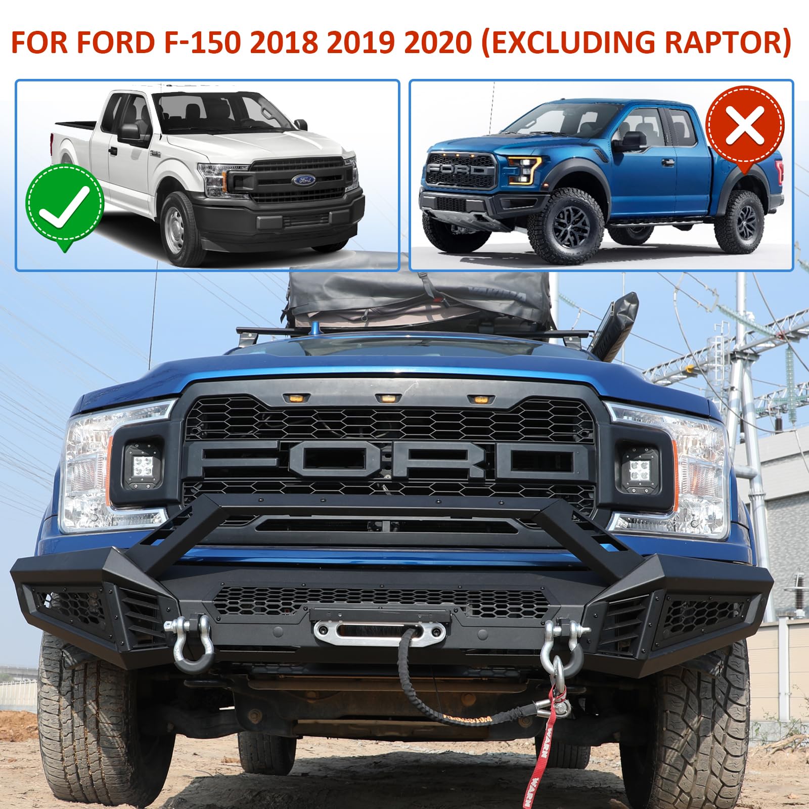 Hawkley F150 Full Width Steel Front Bumper For Ford F-150 2018 2019 2020 Pickup Trucks (Excluding Raptor), Offroad Front Bumper With Led Lights & D-Rings For Ford F150 2018-2020