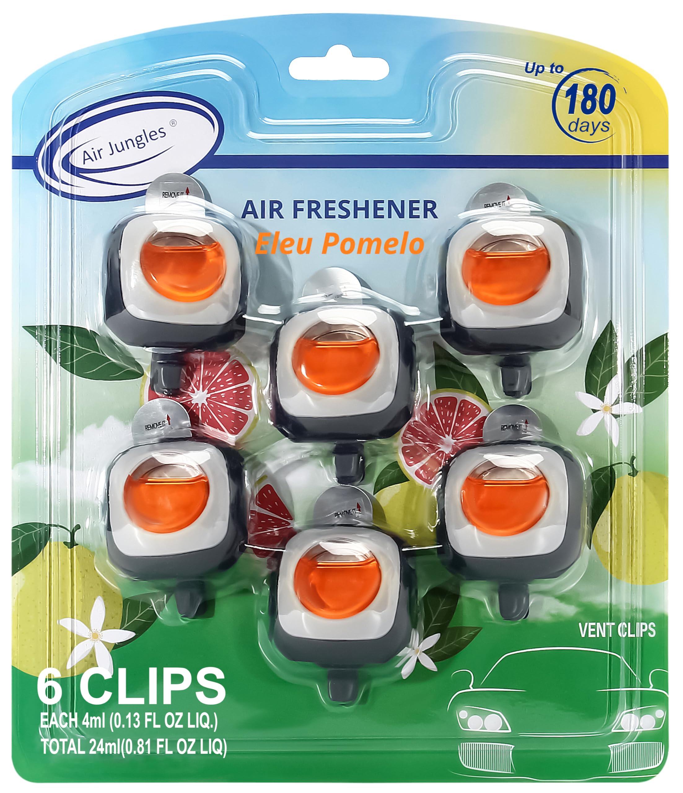 Air Jungles Eleu Pomelo Scent Car Air Freshener Clip, 6 Vent Clips, 4 Ml Each, Long Lasting Air Freshener, Up To 180 Days Car Re
