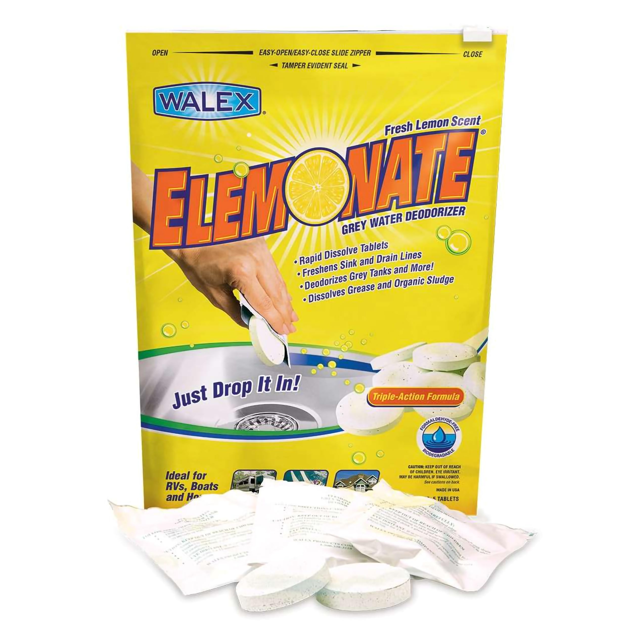 Walex Elemonate Rv Grey Water Tank Deodorizer And Freshener, Sink, Shower Drain Cleaner Drop-Ins Tablets, Camper Trailer, Fresh 