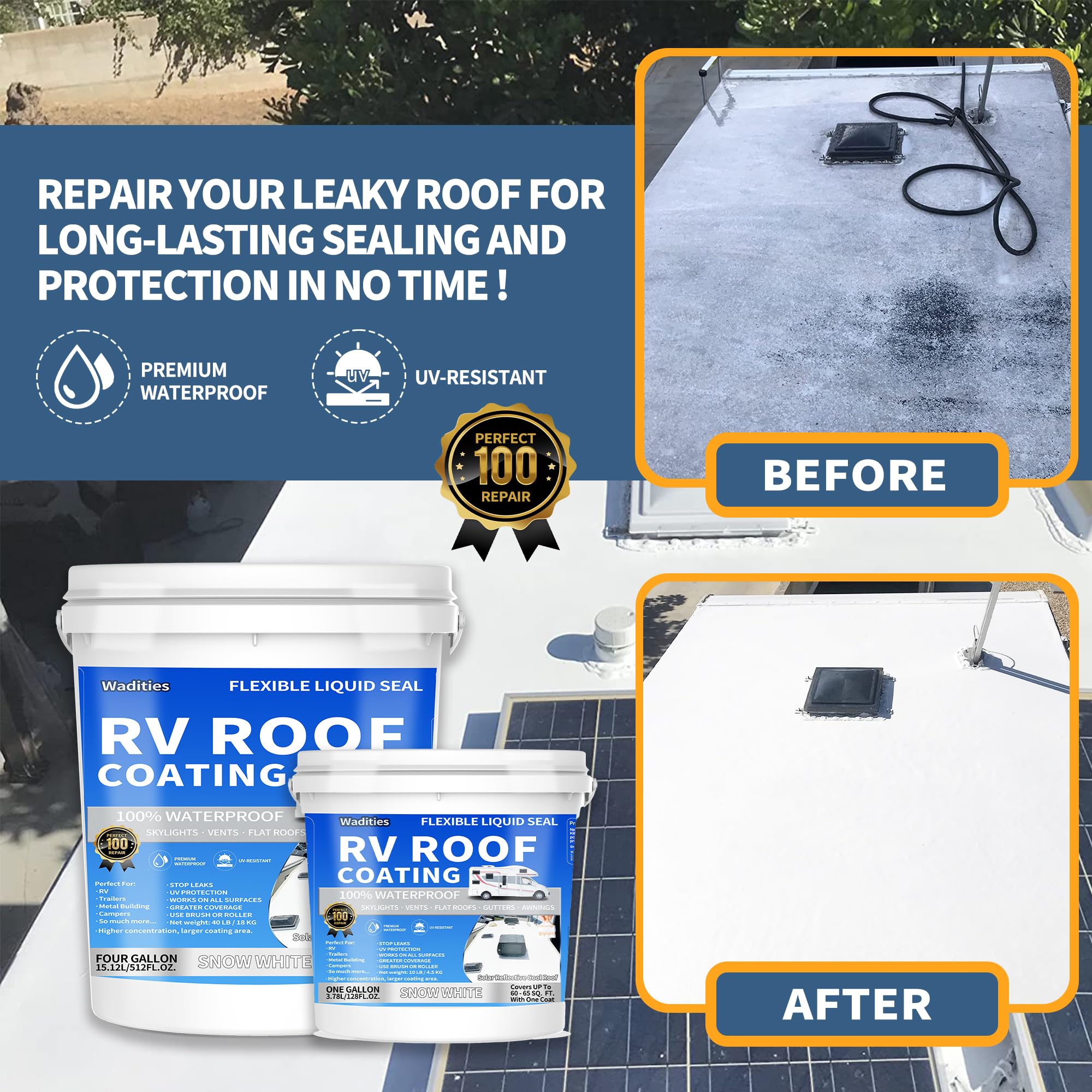 Wadities RV Roof Coating - Waterproof Solar Reflective Sealant, 1 Gallon, White, Flexible for Campers, Trailers, Motorhomes, Leak Repairs