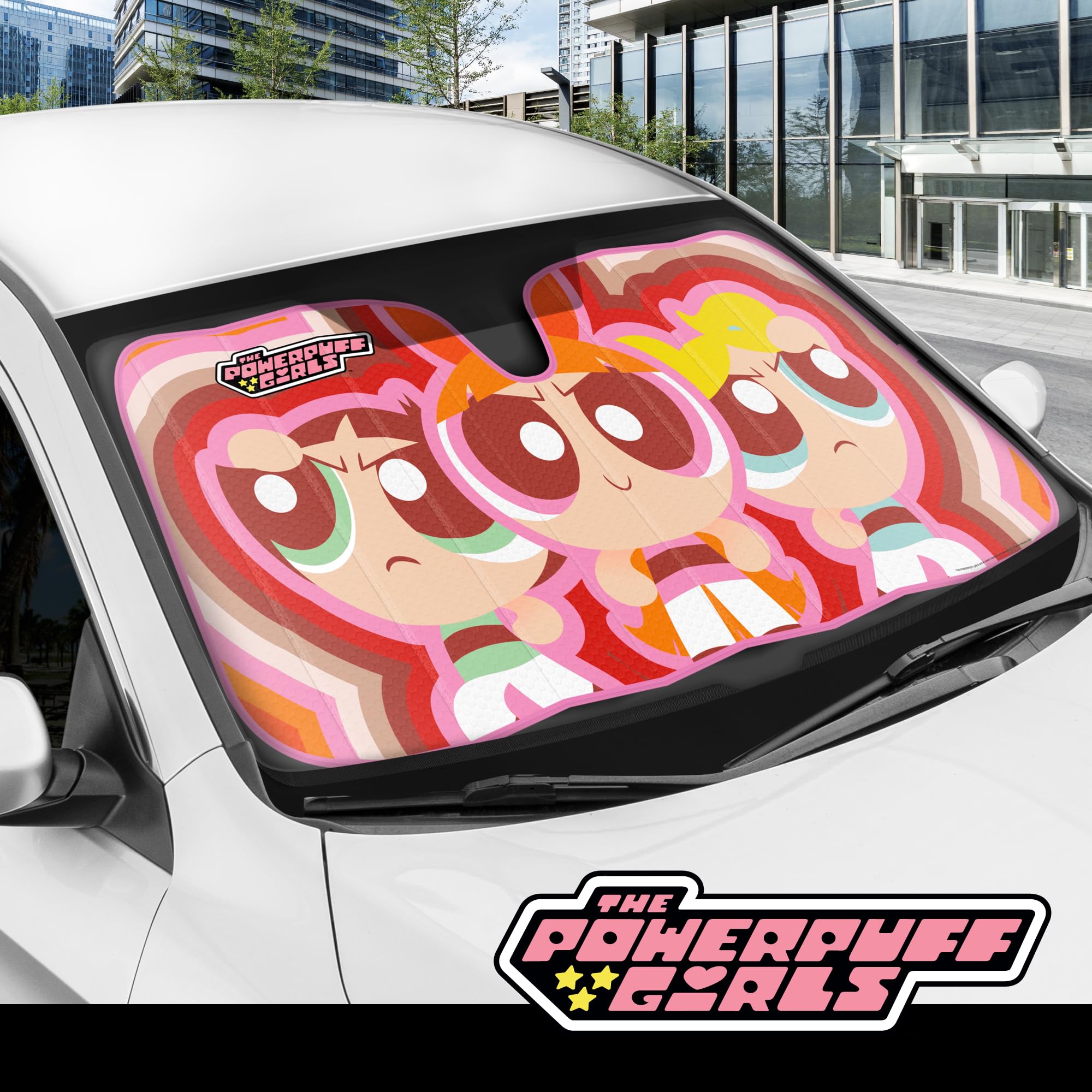 BDK The Powerpuff Girls Car Windshield Sun Shade, Accordion Style, Red/Pink/White, Model WBAS-1802, Officially Licensed