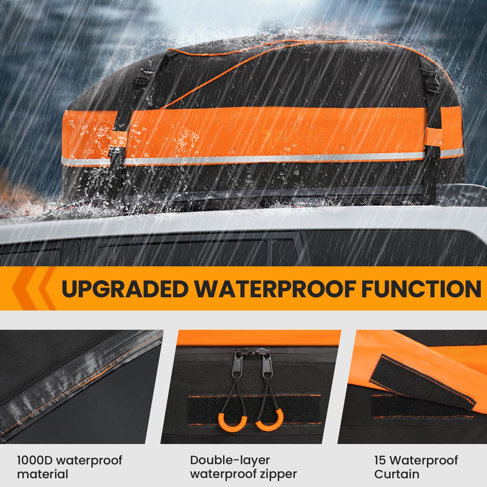 Sailnovo Rooftop Cargo Carrier – 15 Cubic Feet Waterproof Soft-Shell with Anti-Slip Mat & Safety Hooks – Orange, Model #ONLD005033