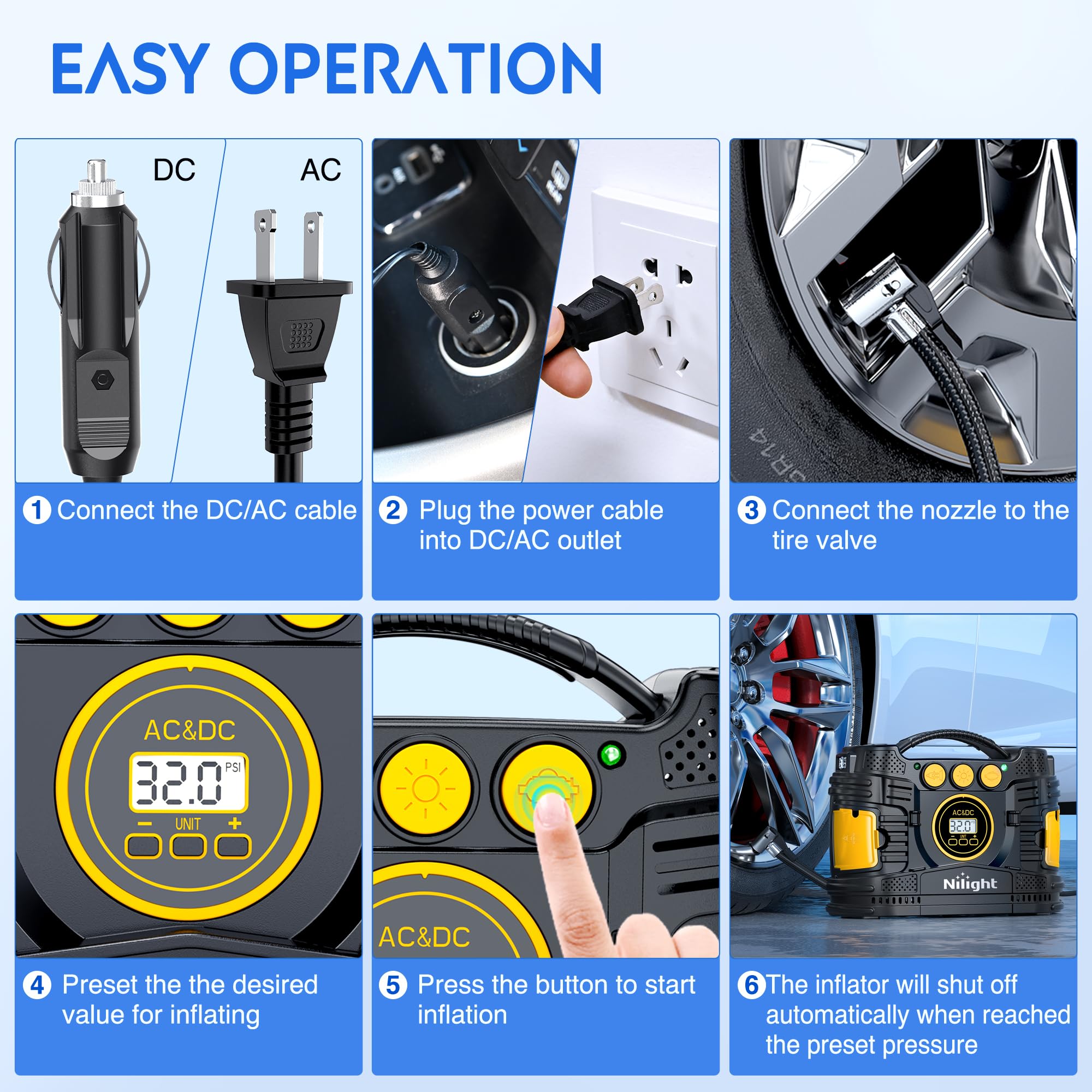 Nilight Tire Inflator Portable Air Compressor Dual Power For Car 12V Dc And Home 110V Ac Tire Pump W/Tire Pressure Gauge Fast In