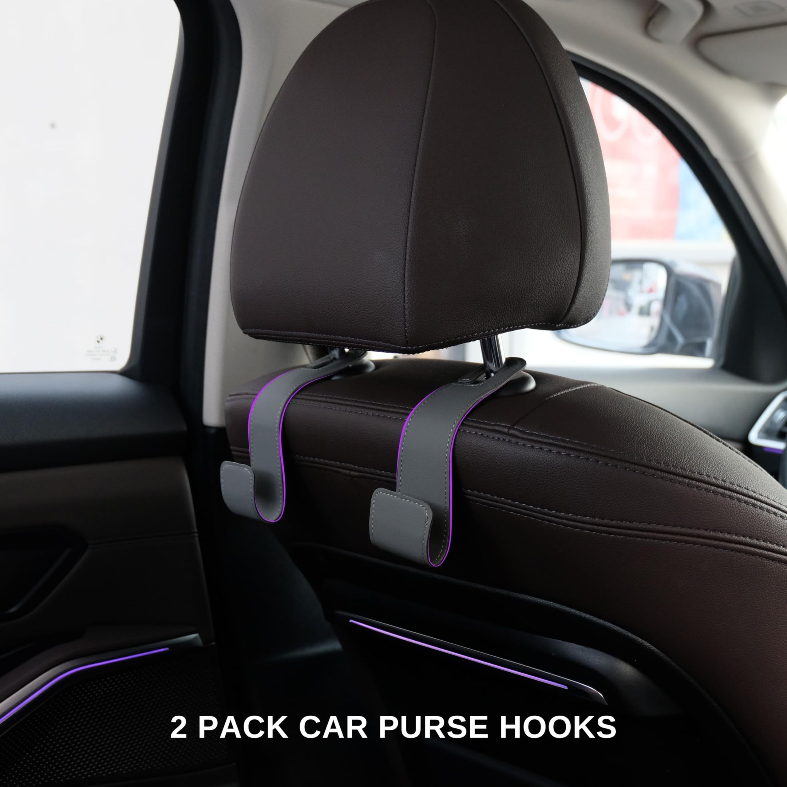 IRROMI Car Seat Hooks - 2 Pack Upgraded Leather Headrest Hooks for Hanging Purse and Bag, Car Organization Accessories (Black)