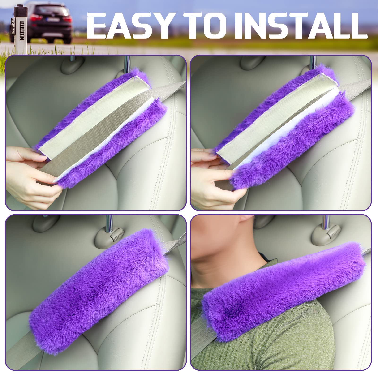 Boao 4 Pack Faux Sheepskin Car Seat Belt Pads Seatbelt Protector Soft Seat Belt Shoulder Strap Cover Comfort Harness Pad(Purple,