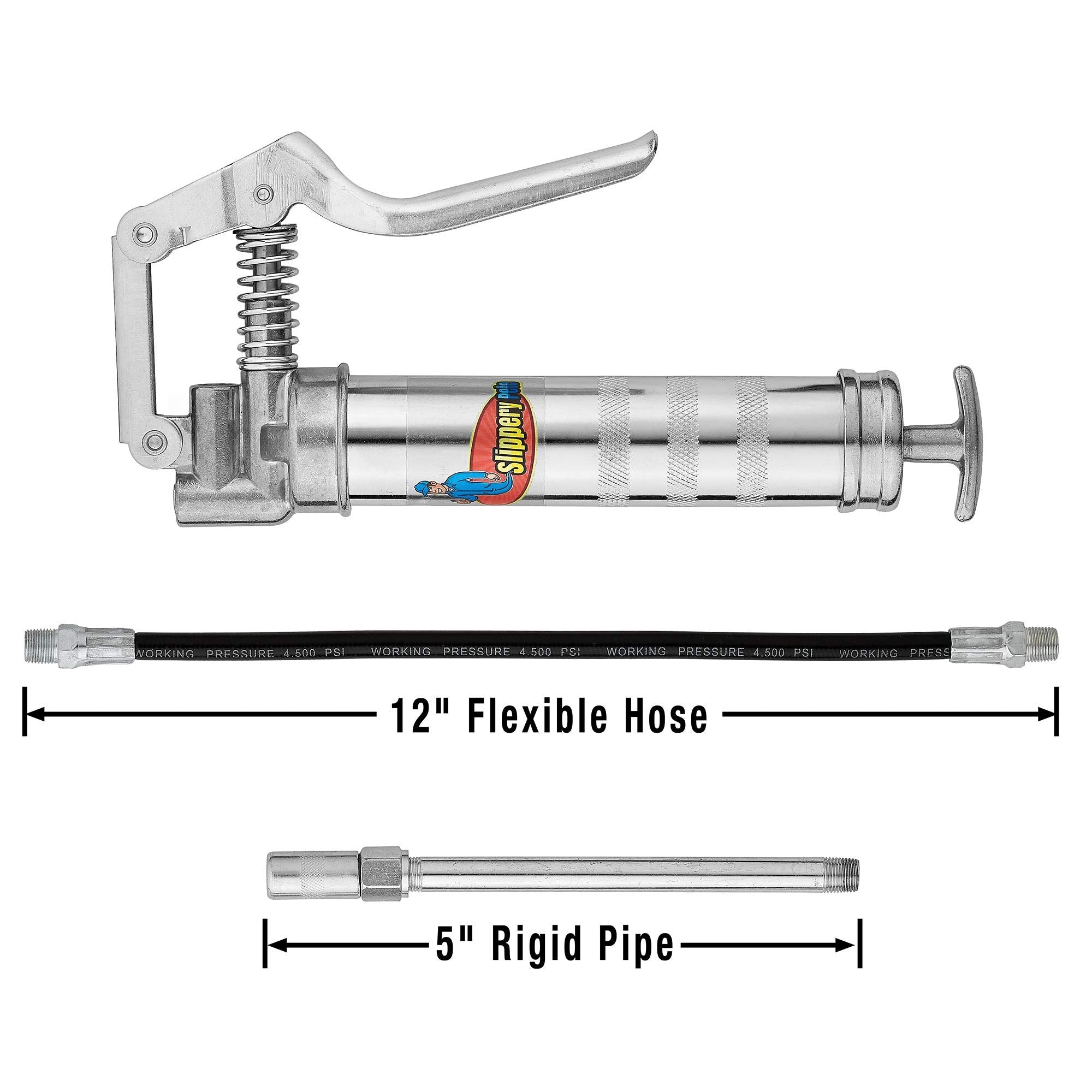 Slippery Pete Mini Pistol Grip Grease Gun. Heavy Duty Design For 3Oz Cartridges. 12 Inch Flexible Hose And 5 Inch Rigid Extensio