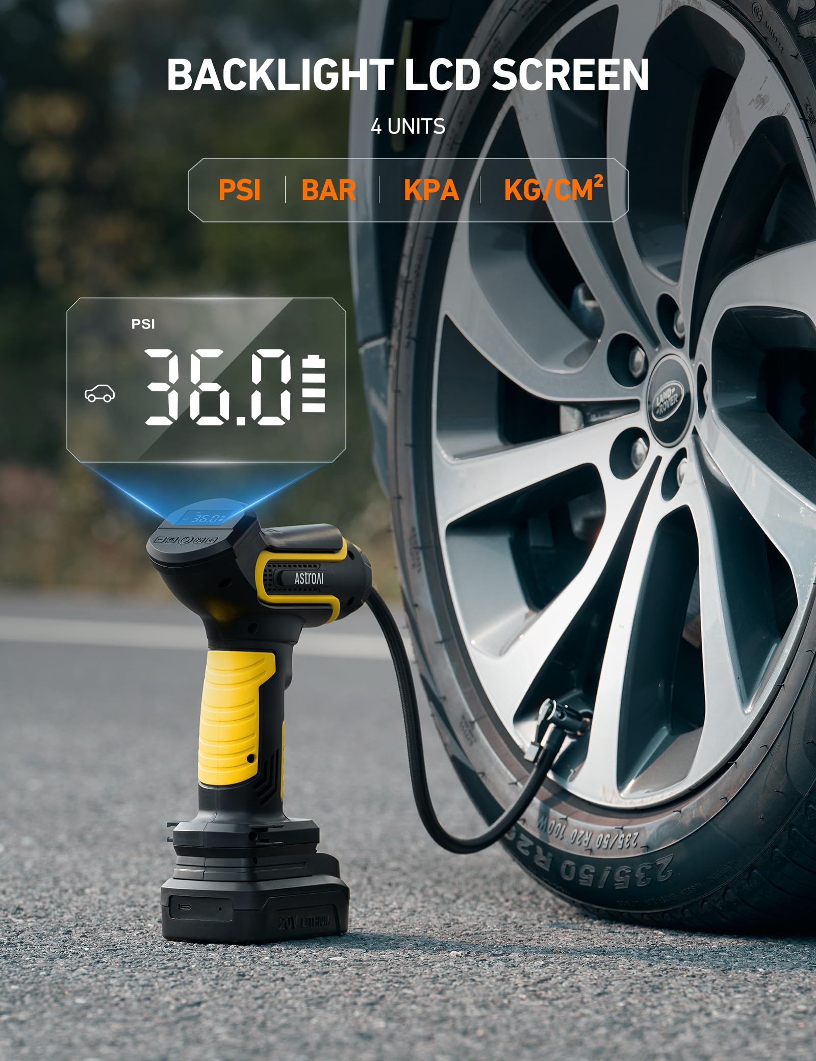 Astroai Tire Inflator Air Compressor Cordless Car Tire Pump With 20V Rechargeable Li-Ion Battery 150 Psi Portable Handheld Air Pump With 12 V Car Power Adapter For Cars Motorcycles Ls40791(C1) Yellow