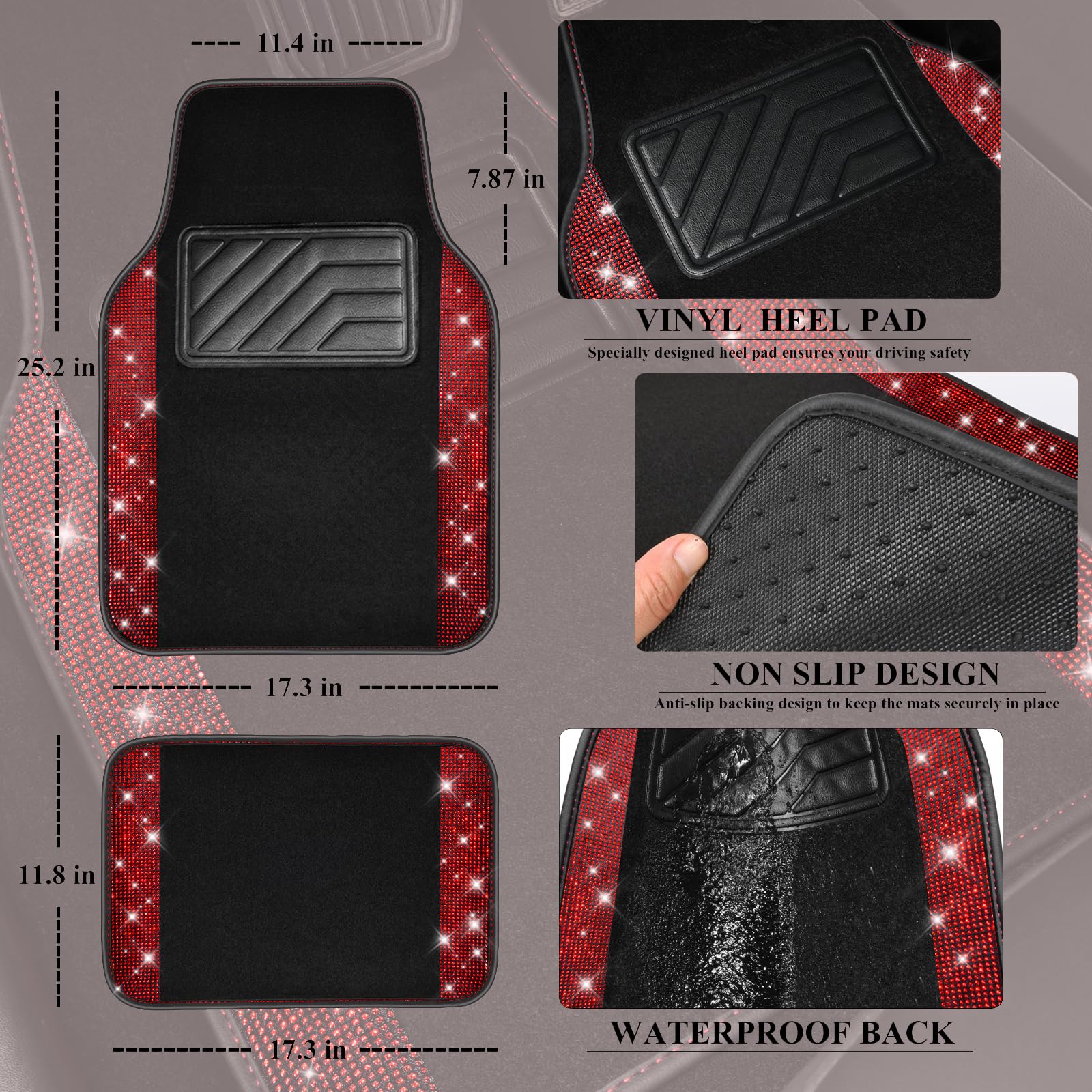 Car Pass Shining Rhinestones Carpet, Bling Crystal Diamond Sparkly Glitter Car Floor Mat, Anti-Slip Pvc Heel Pad Waterproof Auto