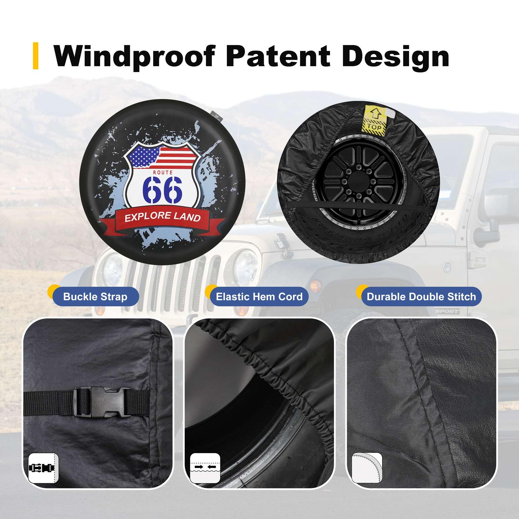 Explore Land 28-29.75 Inch Spare Tire Cover Fit Trailer, Rv, Suv, Truck, Tough Tire Wheel Soft Cover, American Flag And Route 66
