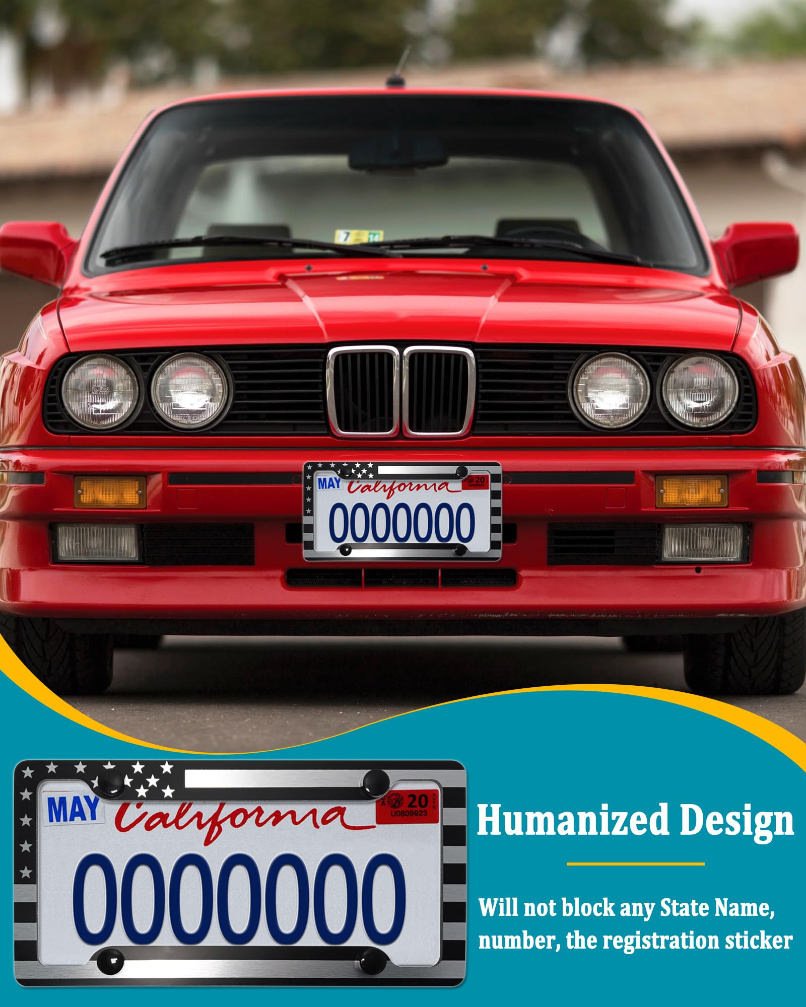 Aootf American Flag License Plate Frames- Patriotic Usa Car Tag Cover, 2 Pack 4 Hole Thin Matte Black Brushed Aluminum Plastic C