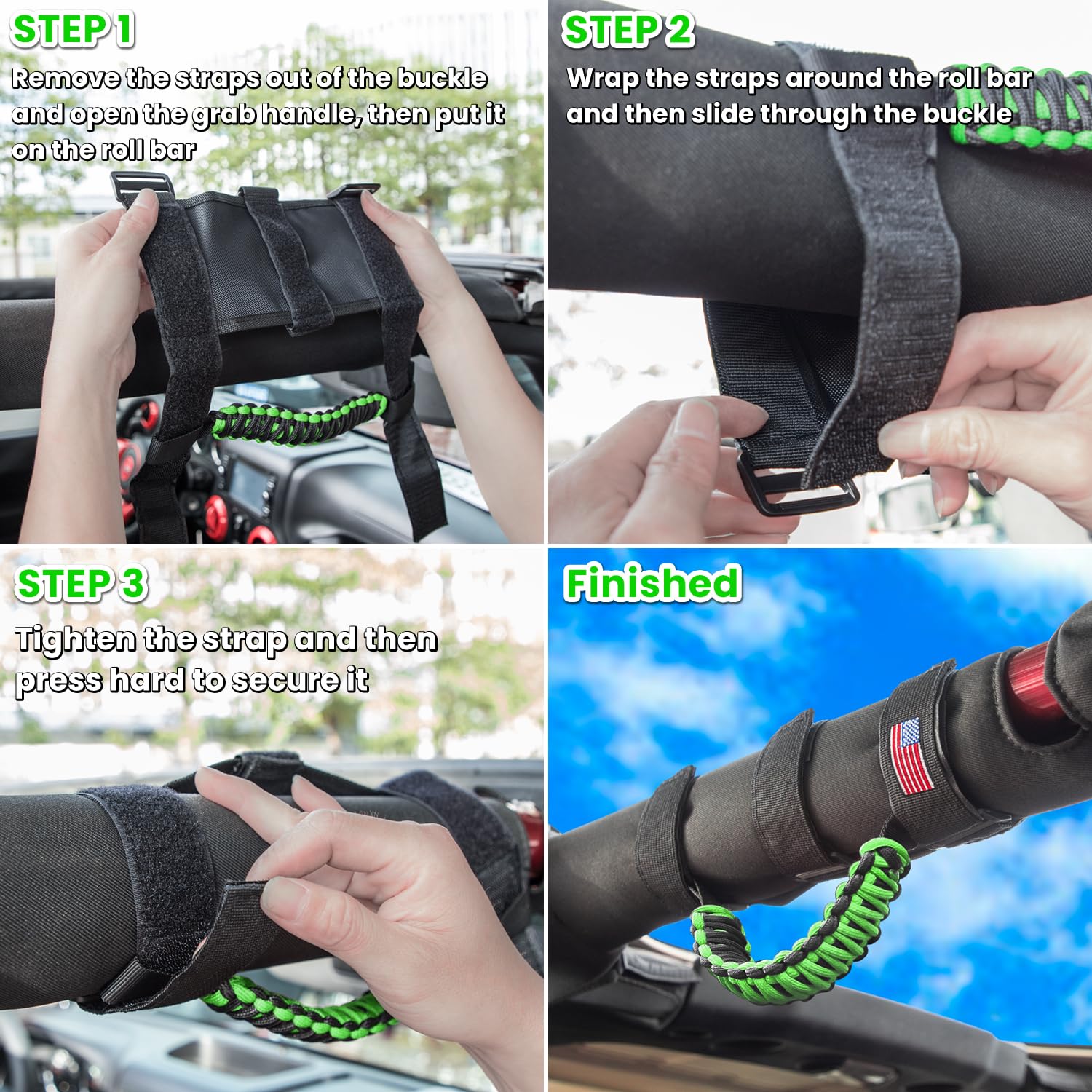 E-cowlboy 4 Pack Roll Bar Grab Handles for Jeep Wrangler YJ TJ JK JL JLU - Green Paracord US Flag Design