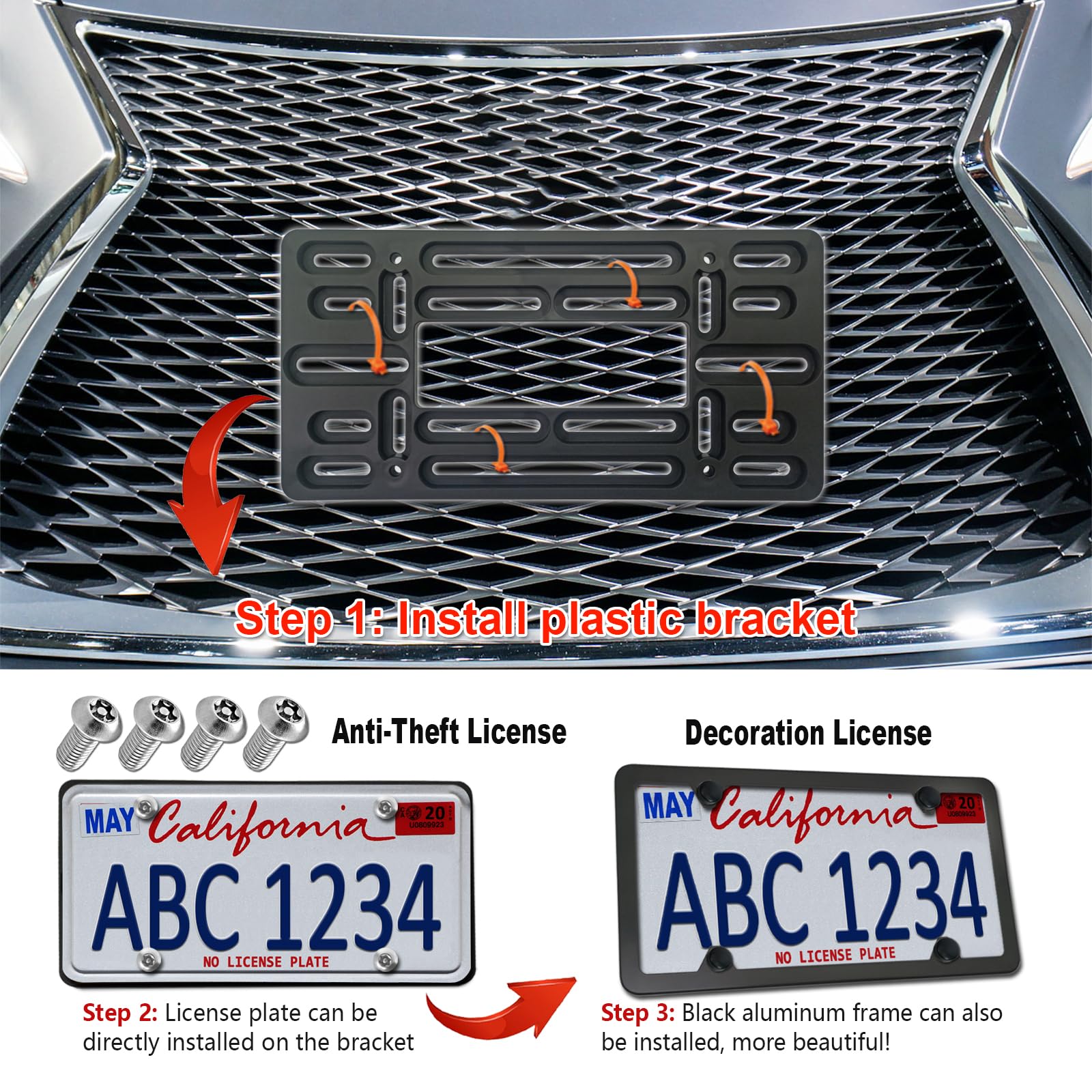 Bggtmo Front License Plate Mounting Kit- Universal License Plate Bracket & Black Aluminum Car Tag Frame For 2 Drill Hole Front B