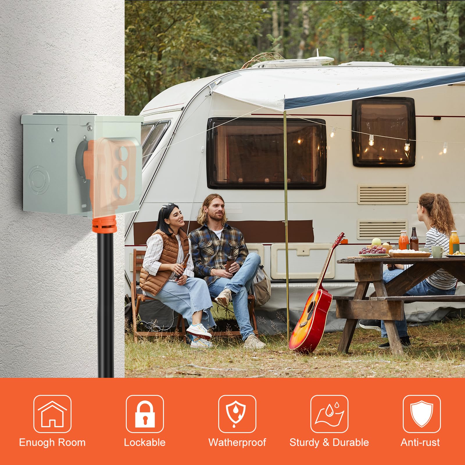 Welluck Rv Power Outlet Box | 50A 125/250V, Nema 14-50R Receptacle | Enclosed & Lockable | Weatherproof Plug For Travel Trailer,