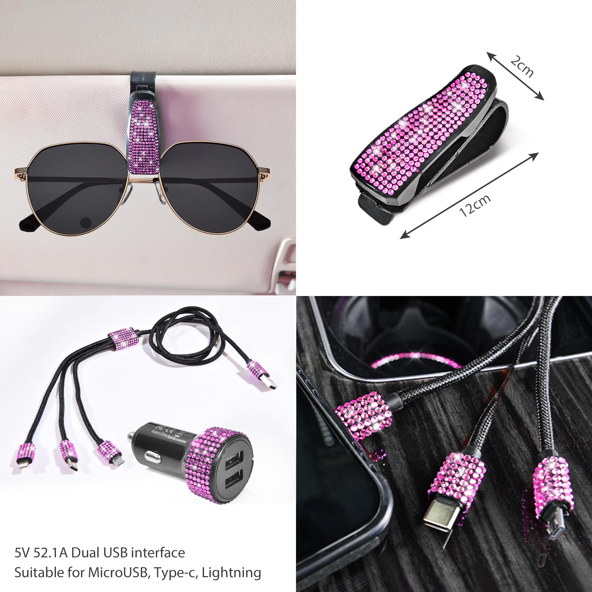 CAR PASS 30 PCS Bling Pink Car Set for Women, Bling Steering Wheel Covers Set 15 Inch, Shining Rhinestone License Plate Frame, S