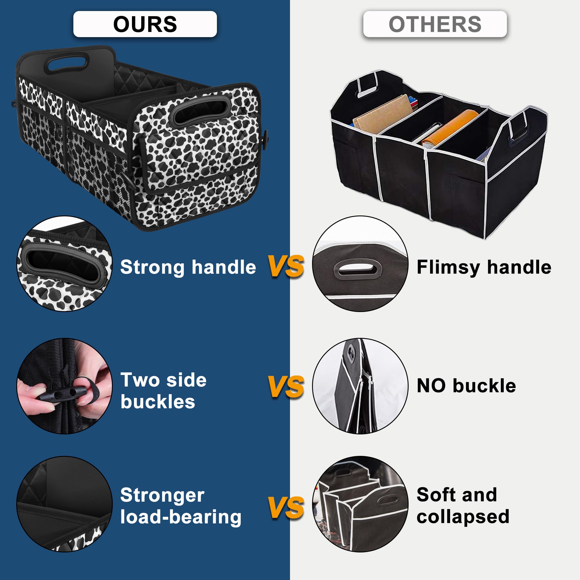 Deosk Car Organizer - Waterproof Polyester, 6 Pocket Trunk Storage, Medium, Cow Print