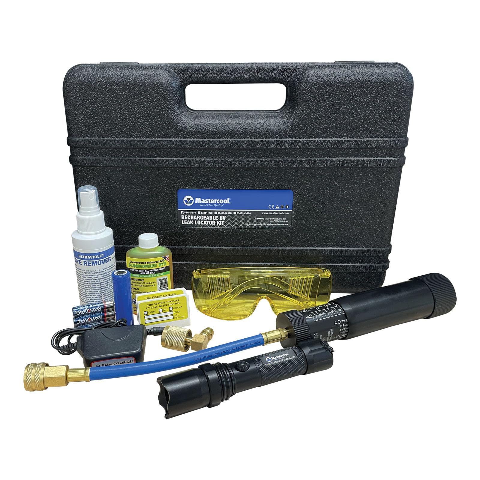 Mastercool 53451-110 Rechargeable UV Leak Detection Kit - Includes High-Intensity UV Flashlight, 2 oz Refillable Dye Injector, U
